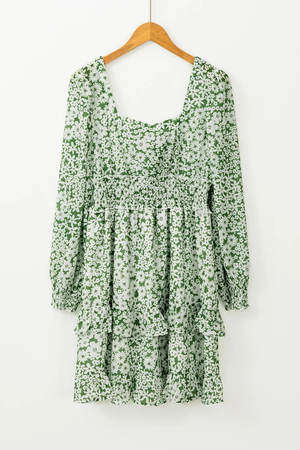 Elegant Floral Print Square Neck Long Sleeve Dress with Ruffle Hem - Perfect for Spring Weddings, Garden Parties & Date Nights