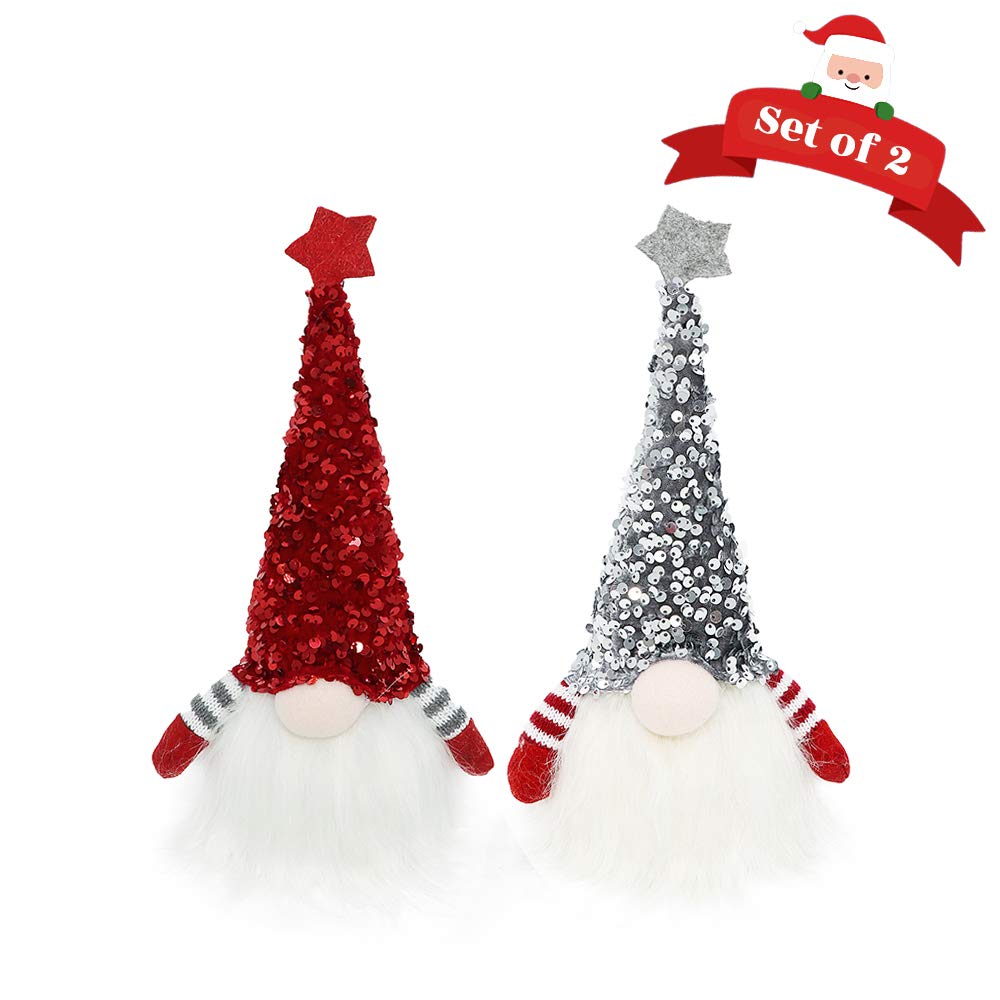Scandinavian Christmas Gnome Lights with Timer - Set of 2 (Red & Silver) 11x4 Inch, Nordic Santa Tomte Gnome Decor for Holiday Tree, Mantel & Indoor Xmas Decorations