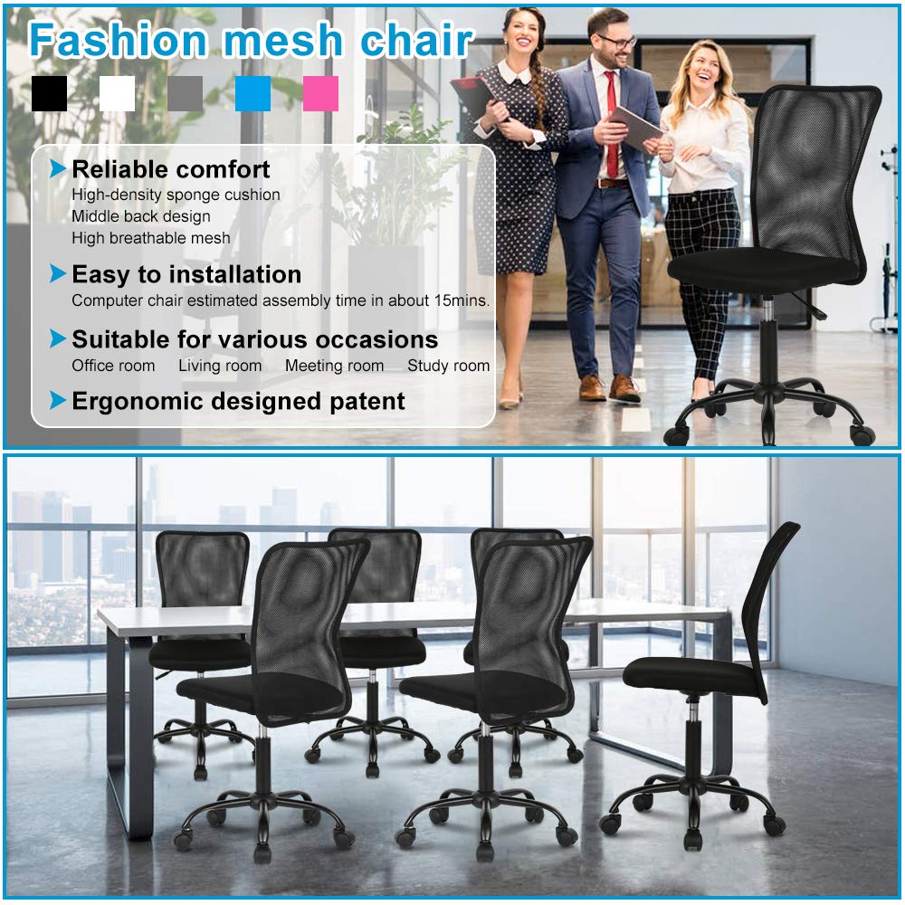 Ergonomic Mesh Office Chair - Adjustable Height Mid Back Computer Desk Chair for Home, Student & Small Office - Modern No Armrest Rolling Swivel Task Chair (Black) - Perfect for Remote Work, Online Classes & Long Study Sessions