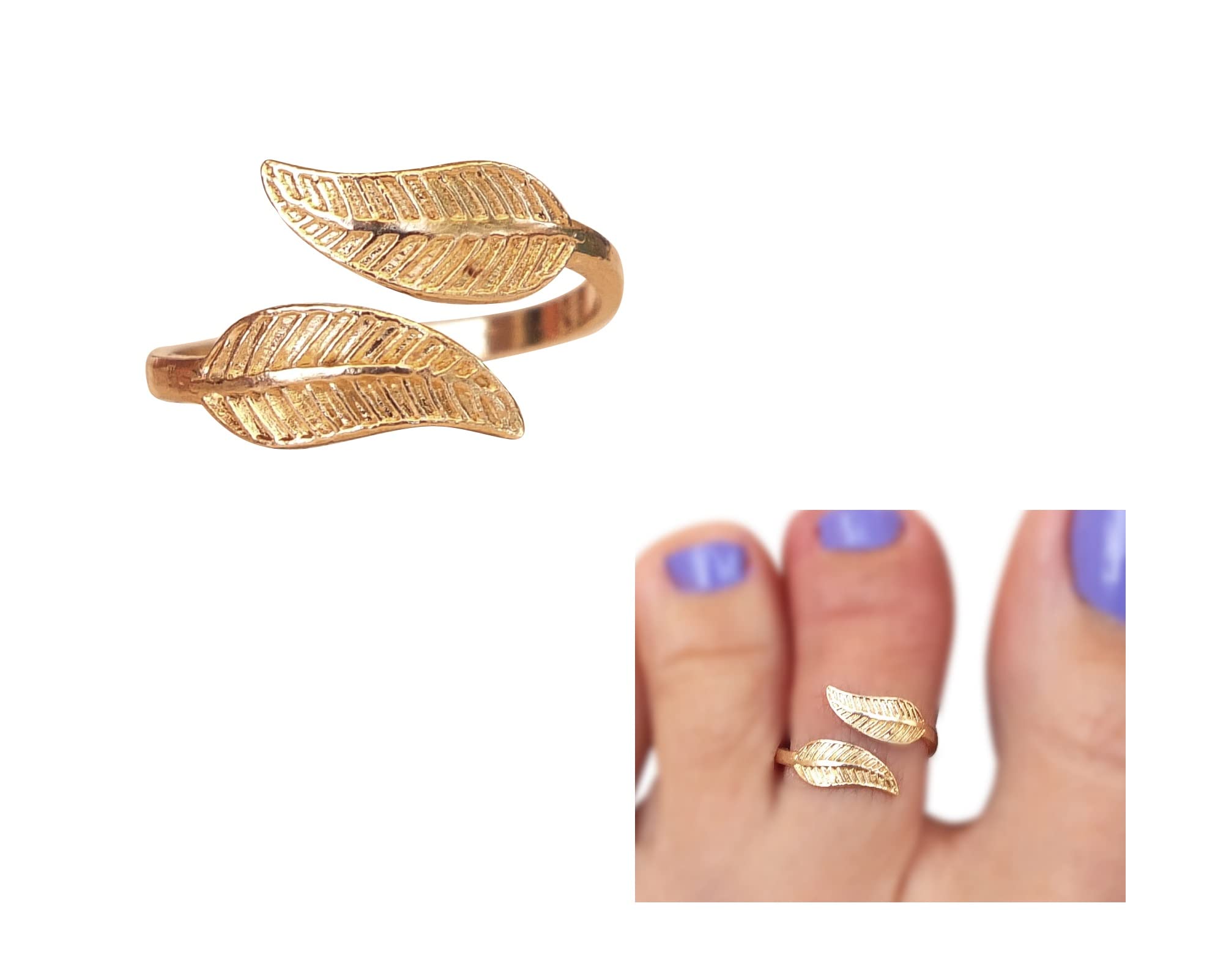 Handmade Adjustable Gold Wrap Leaf Toe Ring for Women - Yellow Gold Plated Sterling Silver Floral Open Design - Pinky & Knuckle Rings by MiYa Jewelry | Perfect for Beach, Summer & Boho Fashion
