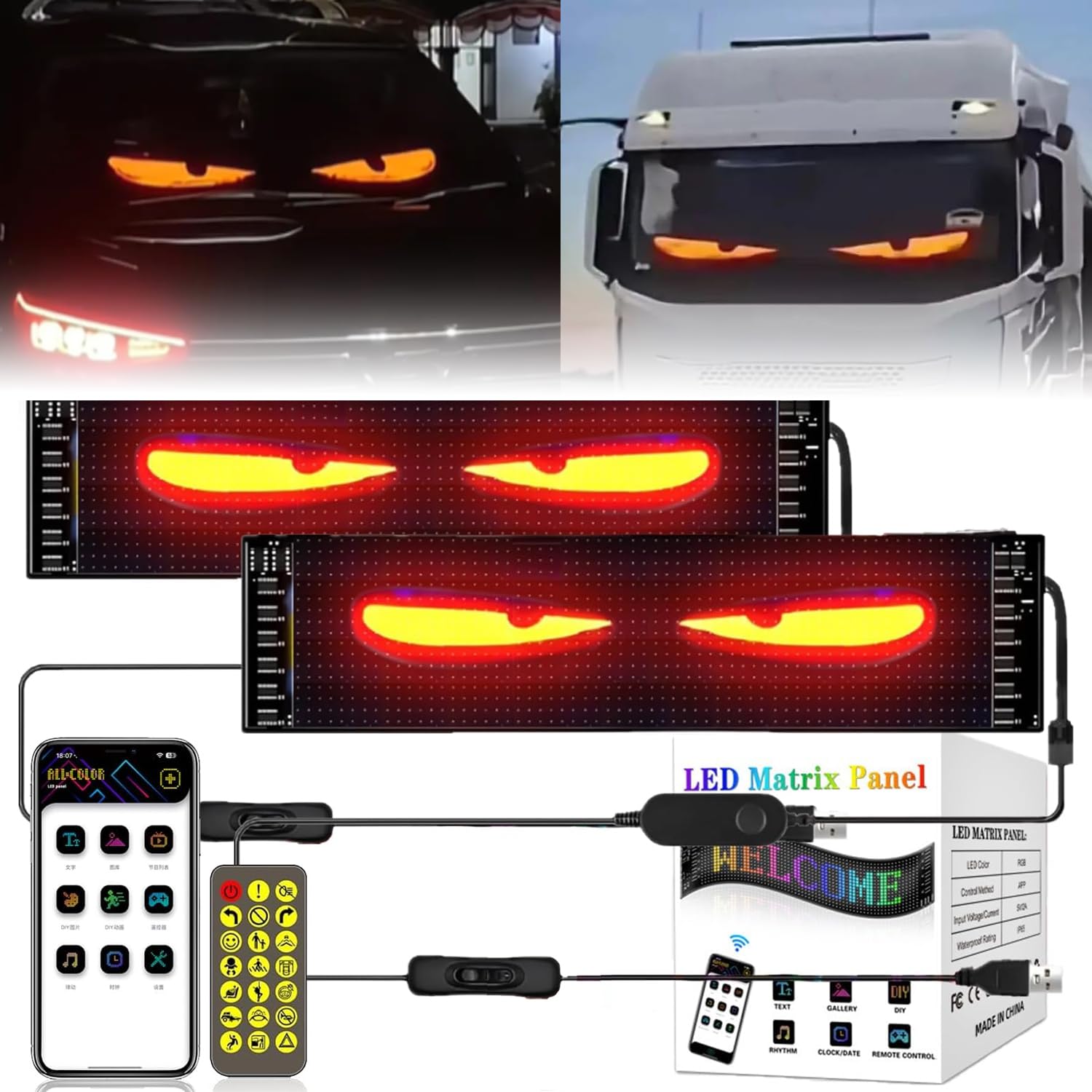 Programmable Flexible LED Car Devil Eyes Light - DIY Dynamic Colorful Eye Lamp Soft Screen (13.7in) for Car Windows | Customizable LED Display for Automotive Decoration & Night Driving Safety