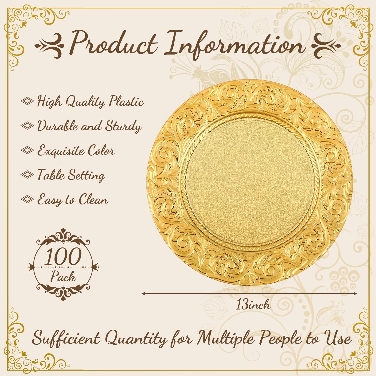 Uiifan 13'' Antique Gold Plastic Embossed Charger Plates Bulk (100 Pcs) - Floral Round Dinner Plates for Wedding, Party, Kitchen & Table Decoration | Perfect for Formal Dining, Buffet Settings & Special Events