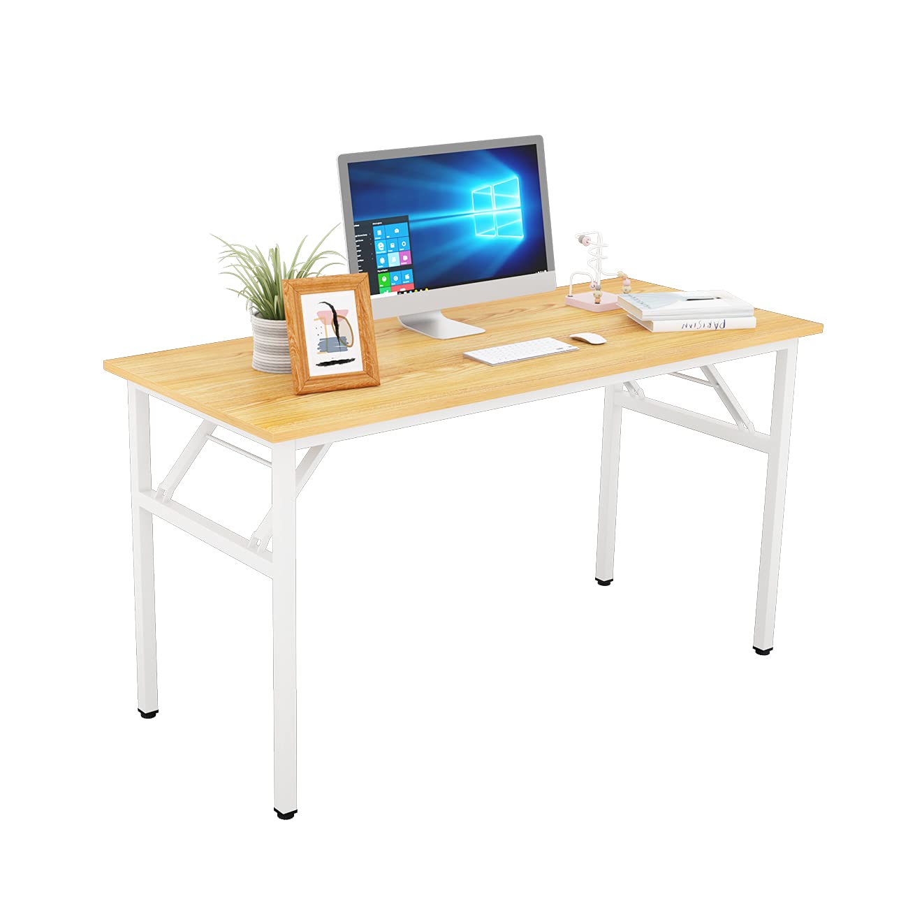 SogesFurniture 55-Inch Folding Computer Desk - BIFMA Certified Office Workstation with Teak Top & White Legs, No Assembly Required, Ideal for Home Office & Small Spaces