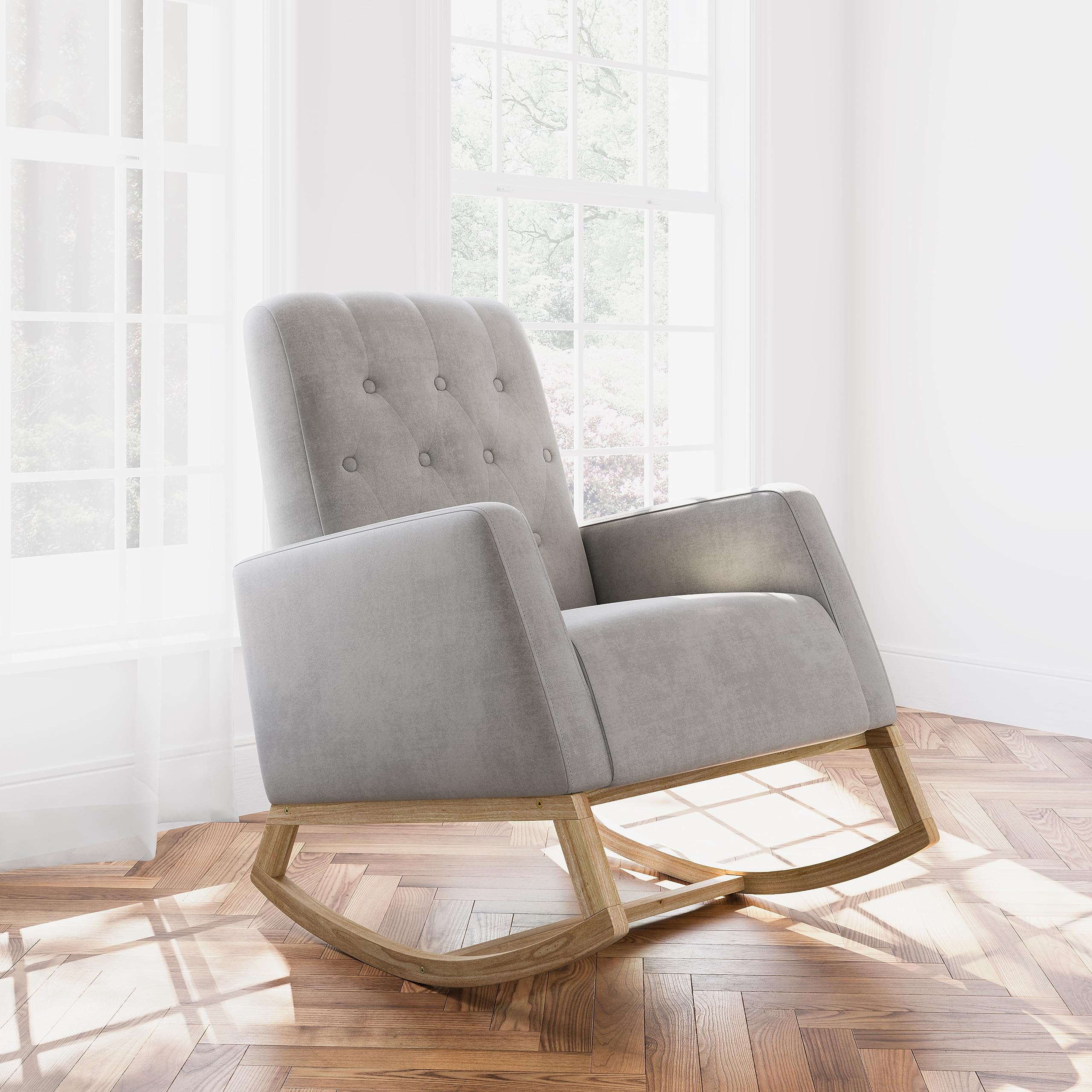 Storkcraft Northern Lights Nursery Rocker - Upholstered Button-Tufted Rocking Chair with Gentle Motion & Solid Wood Base (Steel/Natural) | Perfect for Baby Nurseries, Breastfeeding & Relaxing Moments