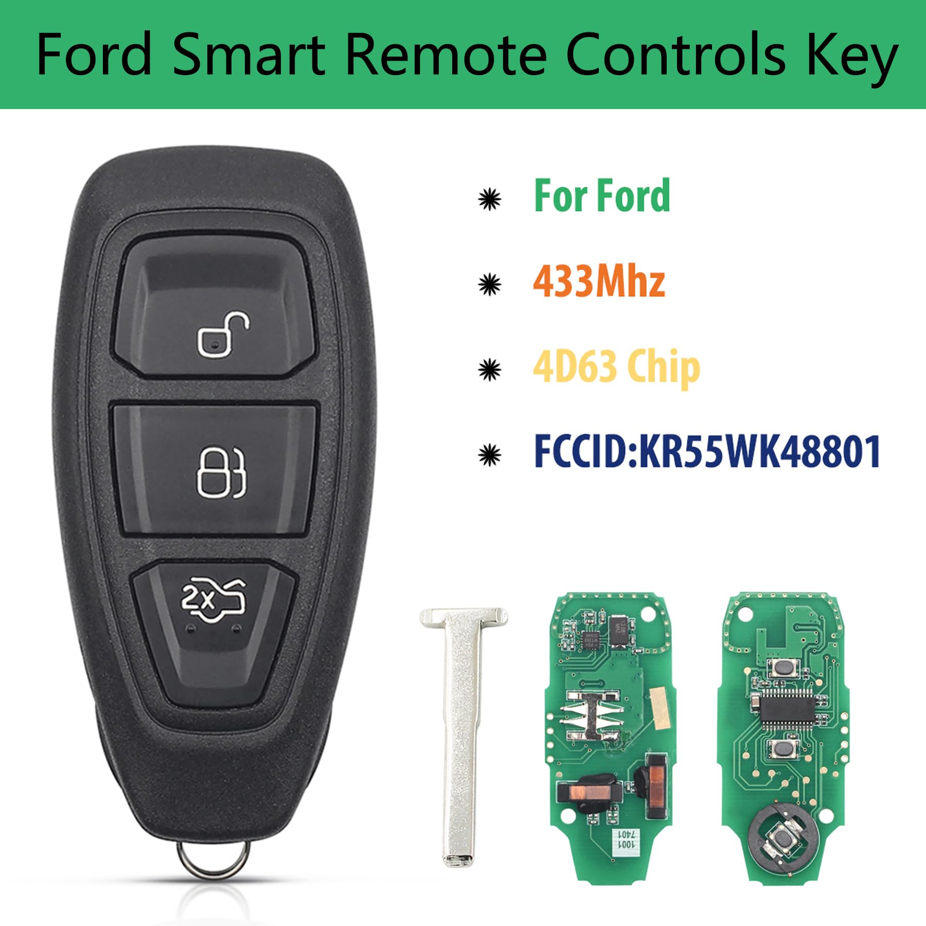 3 Buttons 433MHz 4D63 Chip Remote Car Key Fob Replacement for Ford Fiesta Mondeo Focus Kuga B-Max C-Max S-Max - Durable Key Shell Case for Easy Vehicle Access & Security (Ideal for Spare Keys, Key Replacement, and Daily Car Locking/Unlocking)