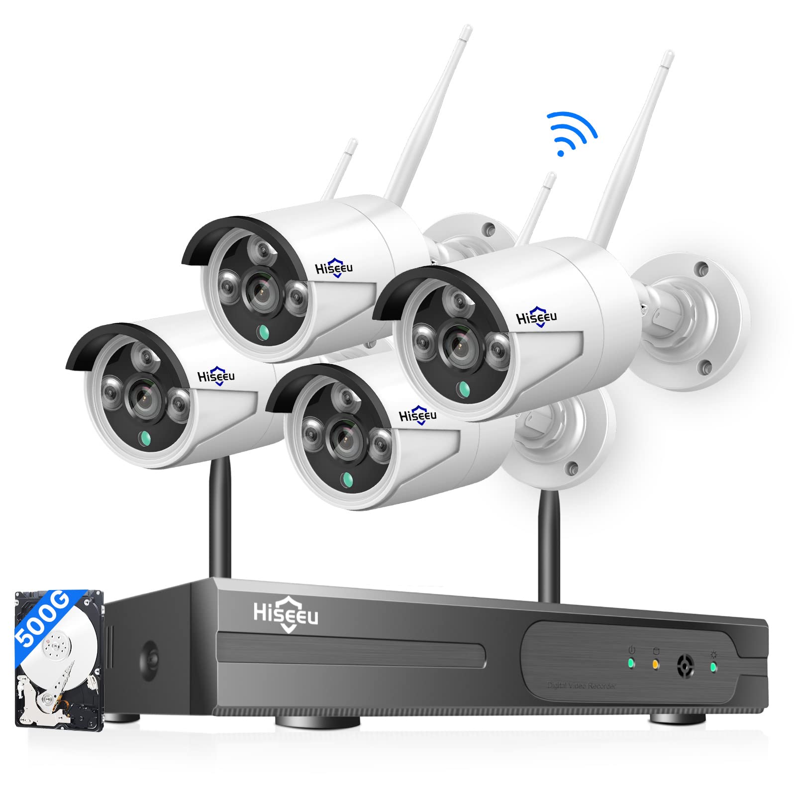 Hiseeu 500GB 5MP Wireless Security Camera System with One-Way Audio - 4 Pack Outdoor/Indoor WiFi Surveillance Cameras, HD Video, Night Vision, Weatherproof, Motion Detection, DC12V Power Cord - Ideal for Home Security, Business Monitoring & Baby/Pet Watching