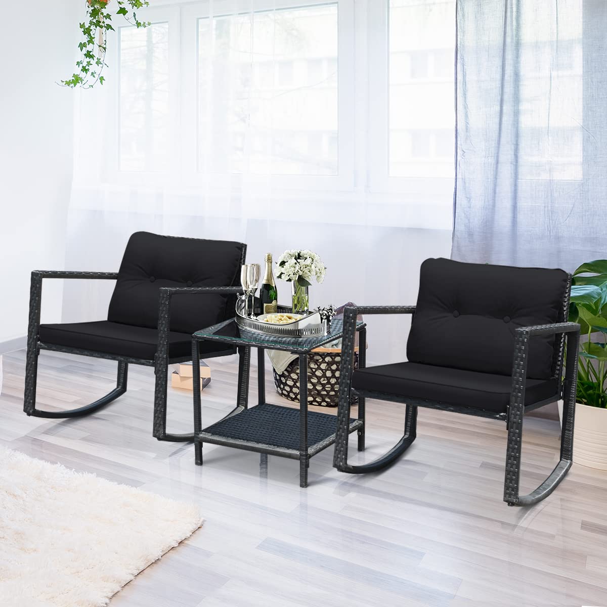 Tangkula 3-Piece Outdoor Wicker Rocking Bistro Set with Cushioned Seats, Glass Coffee Table & Storage Shelf - Black Patio Furniture for Garden, Porch or Backyard Relaxation