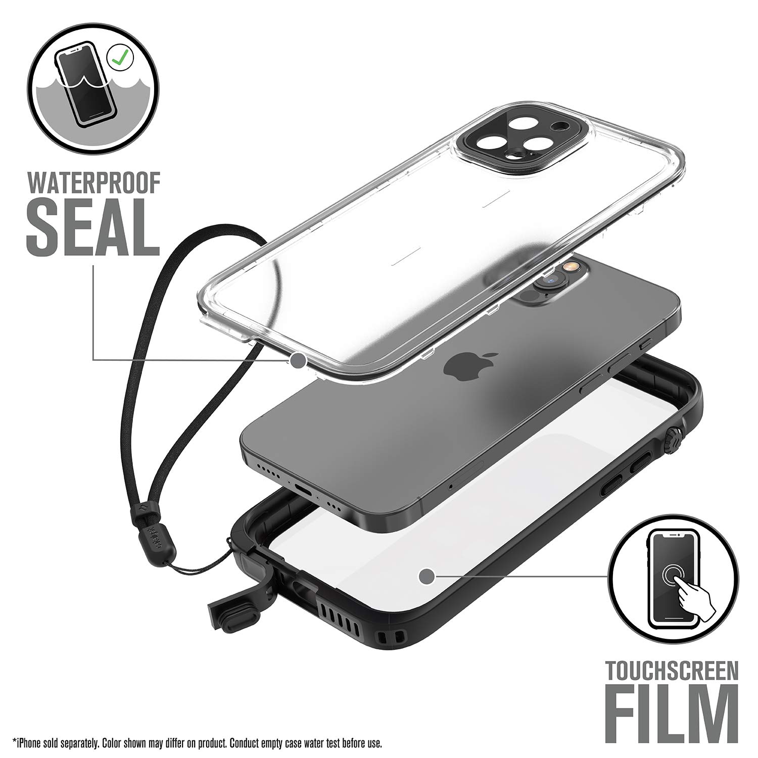 Catalyst 33ft Waterproof iPhone 12 Pro Case - 6.6ft Drop Proof, Clear Back, Compatible with Crux Accessories (Black) - Perfect for Swimming, Hiking & Outdoor Adventures