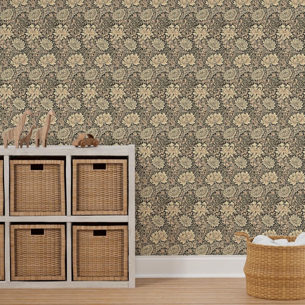 Peel & Stick Wallpaper 9ft x 2ft - Wood Brown Floral Beige Daisy Nouveau Chrysanthemum Pattern | Removable Self-Adhesive Wallpaper for Bedroom, Living Room & Nursery Decor | Easy DIY Home Improvement