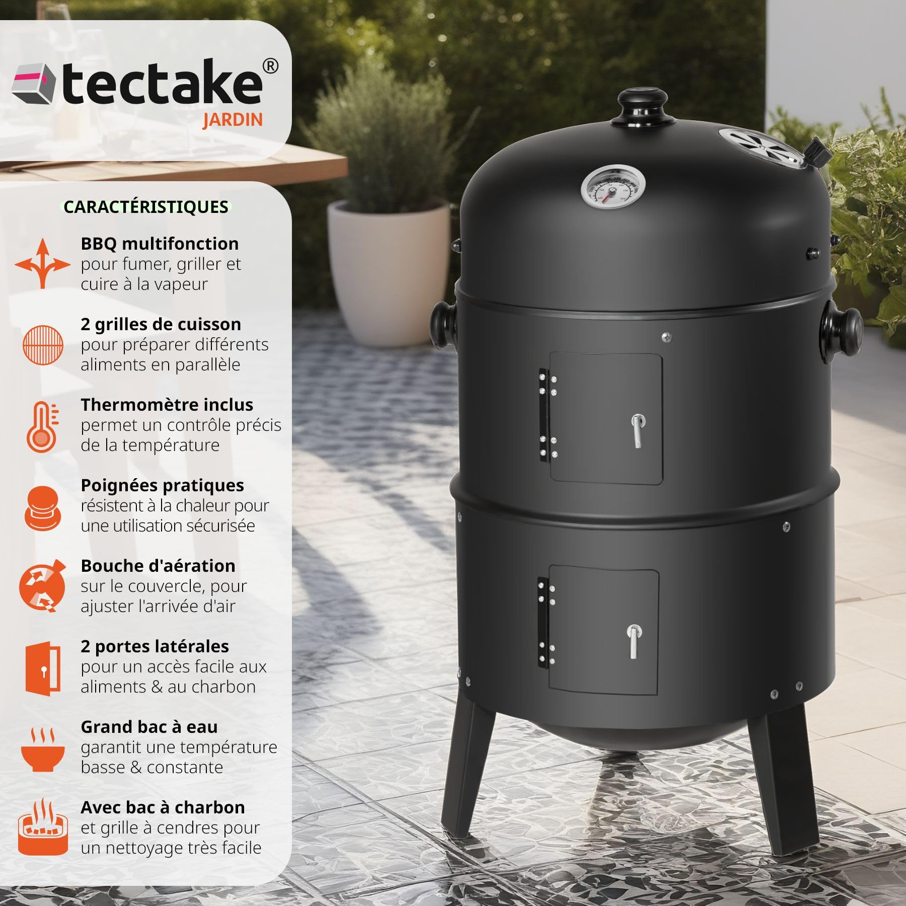 Tectake® XL 3-in-1 Charcoal BBQ Grill & Smoker - 3-Tier Outdoor Cooking with Wheels & Built-in Thermometer for Meat, Fish, and Steam Cooking | Perfect for Backyard, Camping, and Tailgating Parties