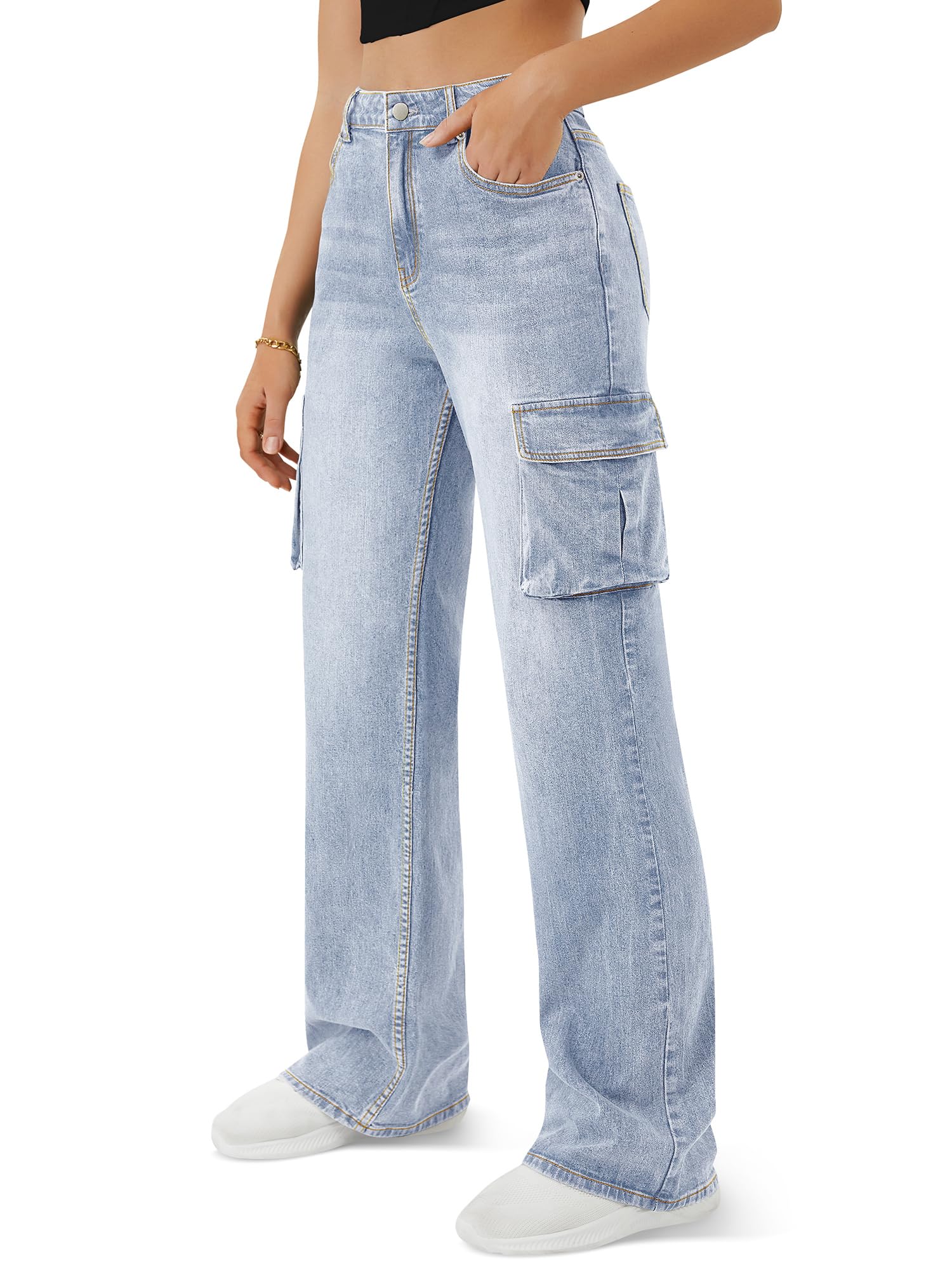 Women's High Waisted Cargo Jeans with 6 Pockets - Straight Wide Leg Baggy Pants for Casual Wear | Perfect for Street Style, Outdoor Adventures & Everyday Comfort