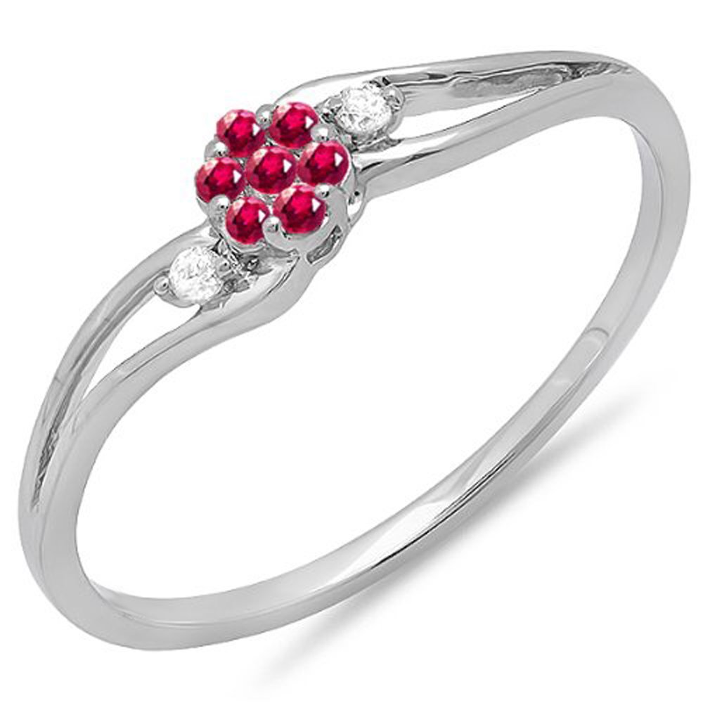 Dazzlingrock 14K Solid White Gold Round Ruby & White Diamond Women's Bridal Promise Ring - Elegant Swirl Split Shank Cluster Design for Engagement, Anniversary & Special Occasions