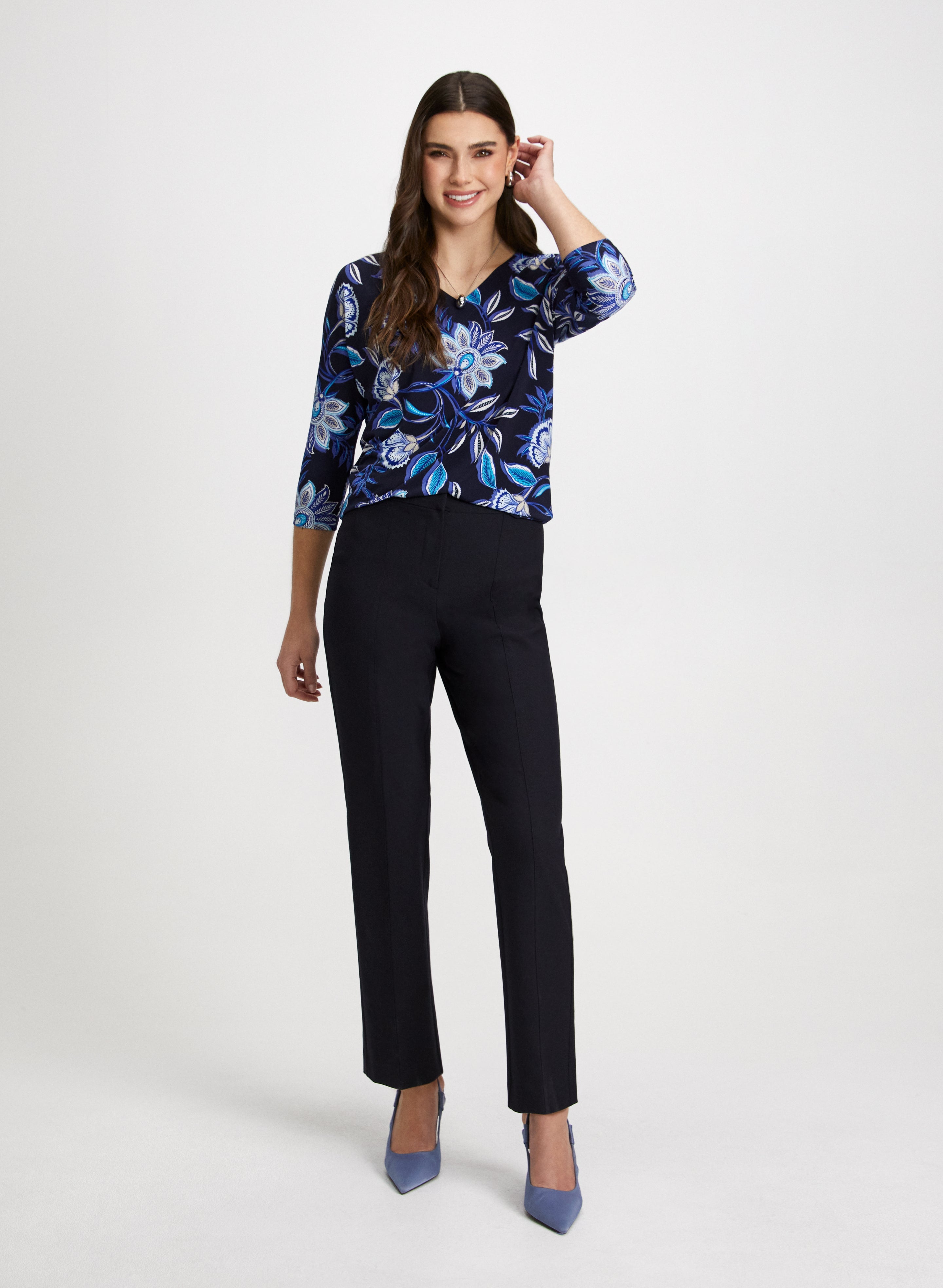 Floral Paisley Print Blouse with Straight Leg Pants Set - Women's Elegant Office Wear & Casual Outfit for Work or Weekend