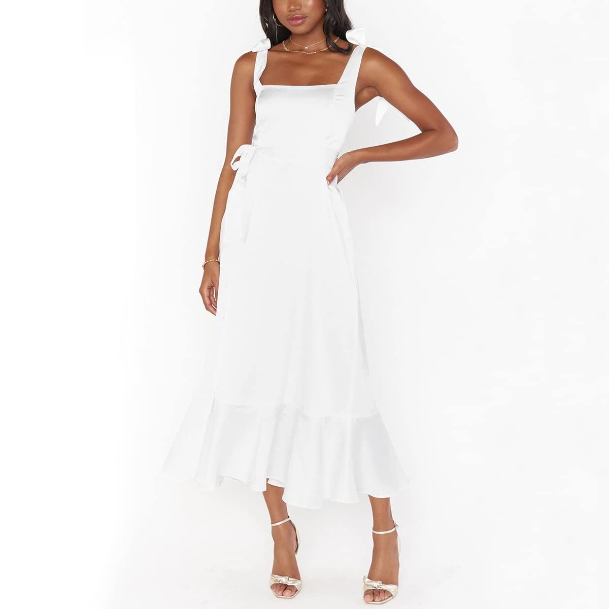 Elegant Women's Square Neck Spaghetti Strap Ruffle Split Midi Dress - Wedding Guest, Cocktail Party & Bridesmaid Formal Attire for Special Occasions