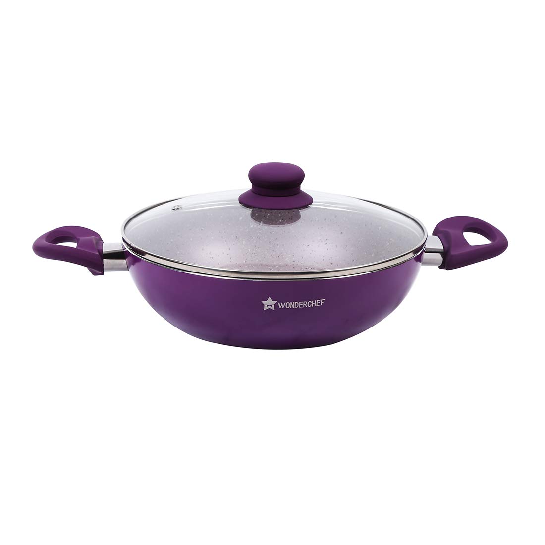Wonderchef Royal Velvet Non-Stick Stir Fry Wok - 26cm PFOA-Free & Nickel-Free Aluminum Cookware with Glass Lid (Violet) - Perfect for Indian, Chinese & Asian Cuisine - Ideal for Sauteing, Frying & Stir-Frying at Home