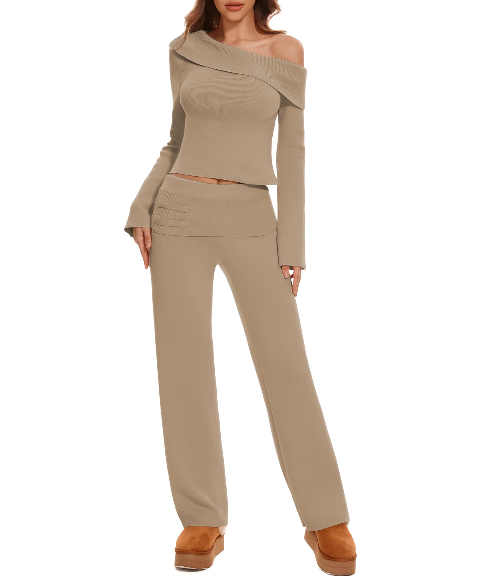 Women's 2-Piece Lounge Set - Off Shoulder Cropped Sweater & Wide Leg Pants Knit Outfit | Y2K Casual Wear for Home, Travel & Street Style
