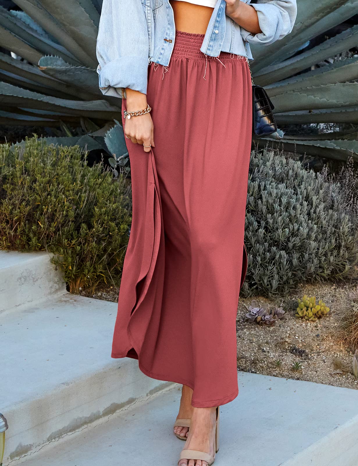 DOUBLJU Women's High Waisted Maxi Skirt - Elastic Waistband, Ankle Length Summer Long Skirt - Trendy Casual Plus Size Flowy Skirt for Beach, Vacation & Everyday Wear