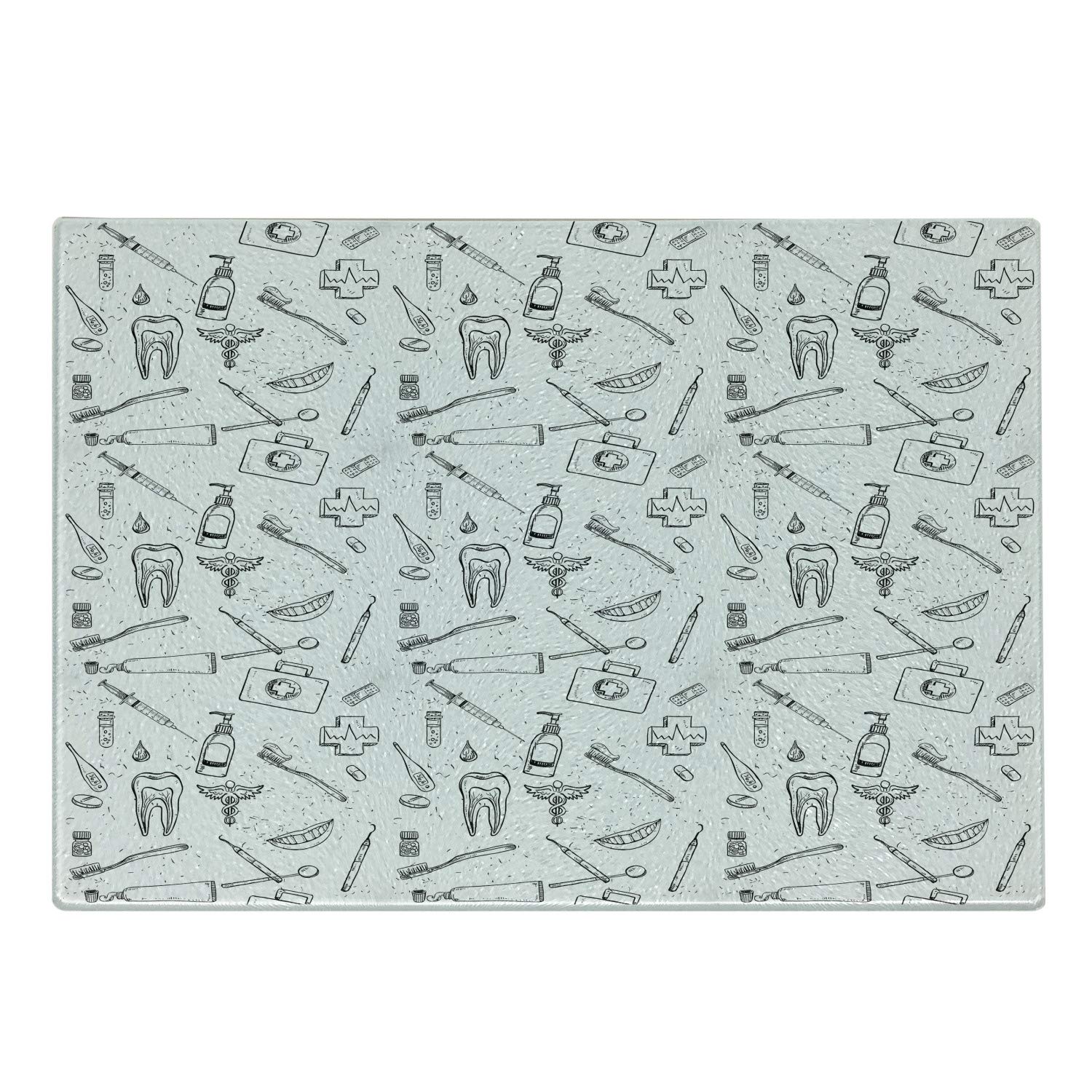 Ambesonne Hipster Cutting Board - Hand Drawn Dental Hygiene Theme, Black & White Tempered Glass Serving Board for Kitchen & Party Use | Small Size Teeth Care Design for Food Prep & Decorative Display
