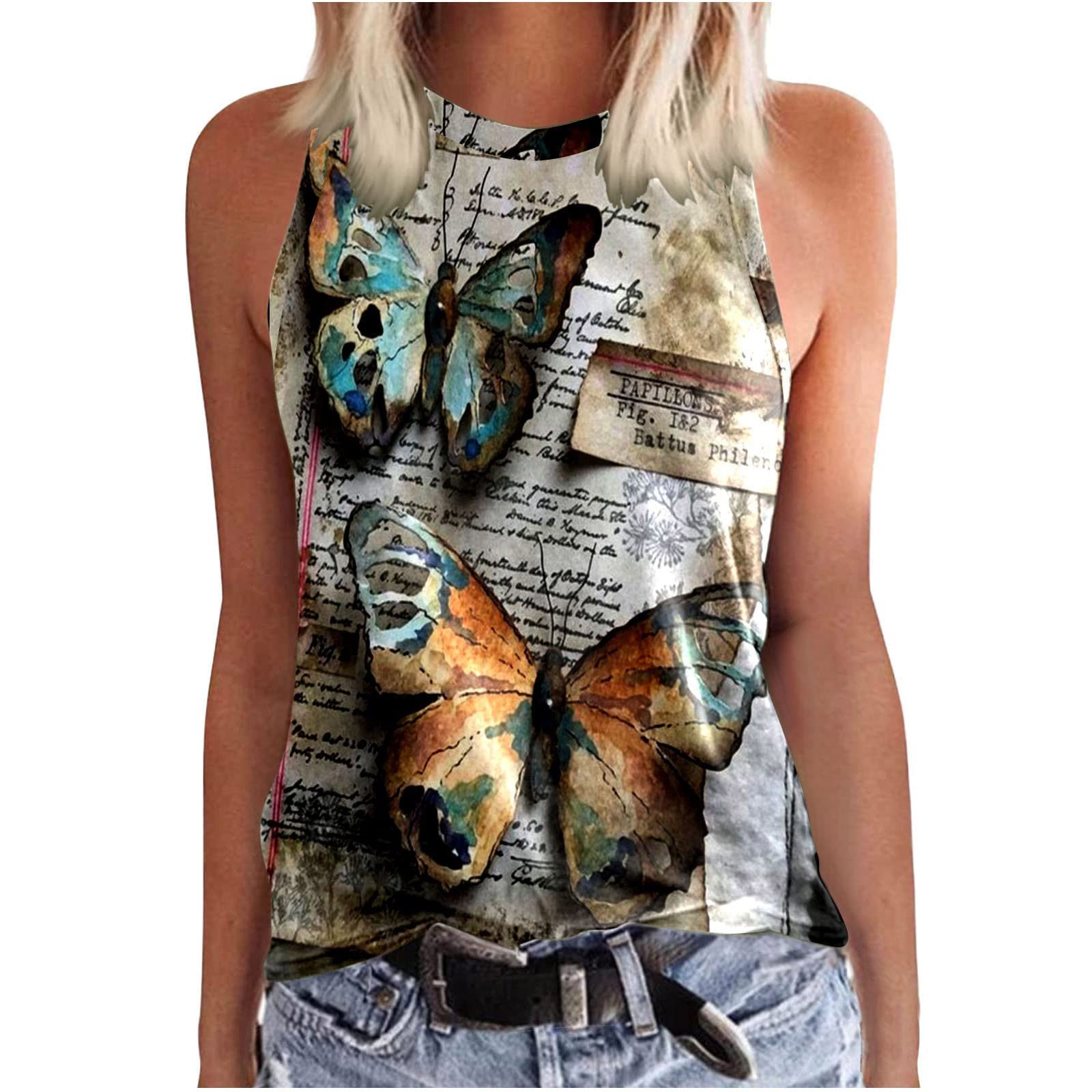Women's Casual Butterfly Printed Round Neck Sleeveless Tank Top - Trendy Workout Blouse & Summer Vest Pullover for Gym, Yoga, and Everyday Wear