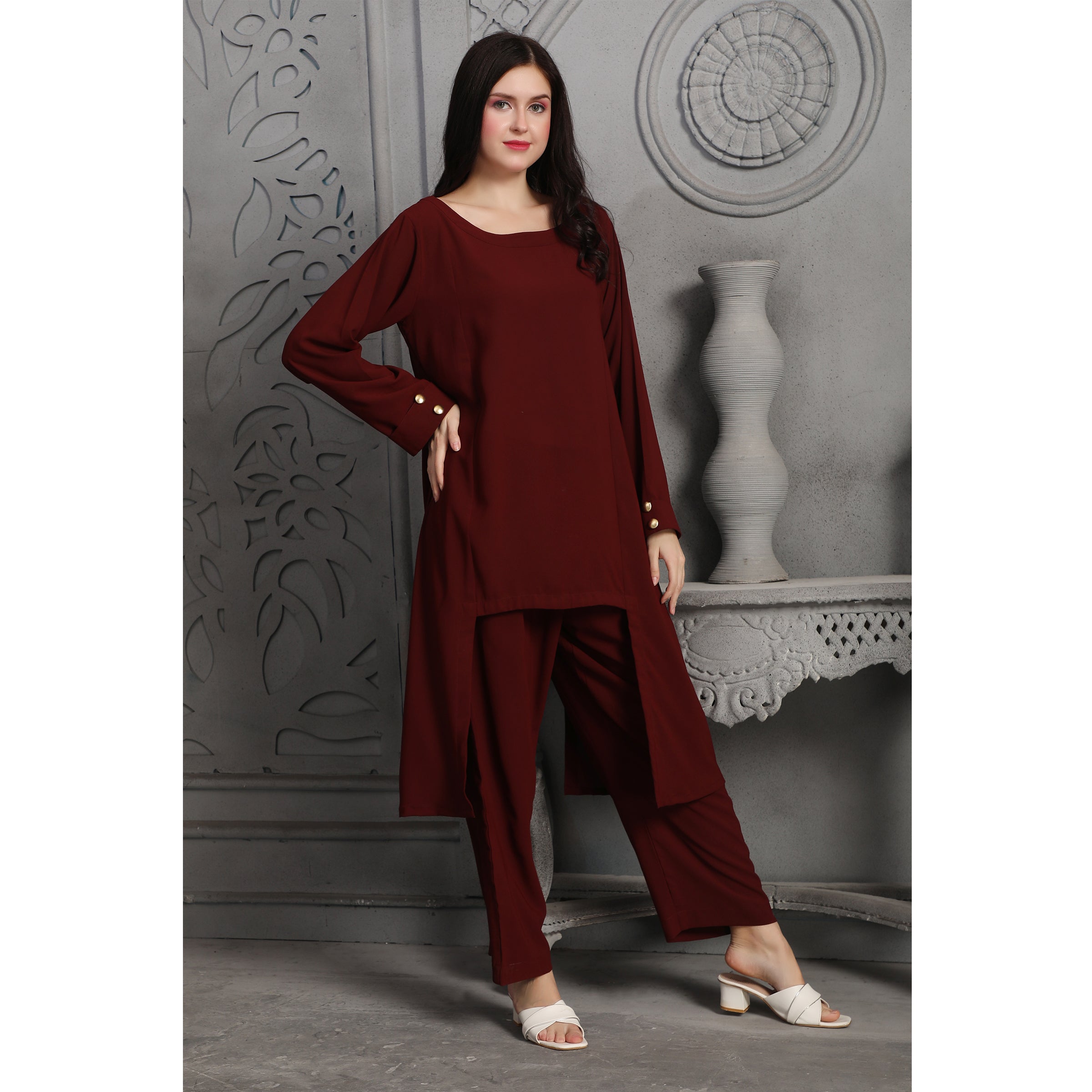 Stylish Deep Maroon Designer Pant & Top Coord Set for Women | Elegant Matching Outfit for Parties, Work & Casual Wear | Perfect for Date Nights, Office & Social Events