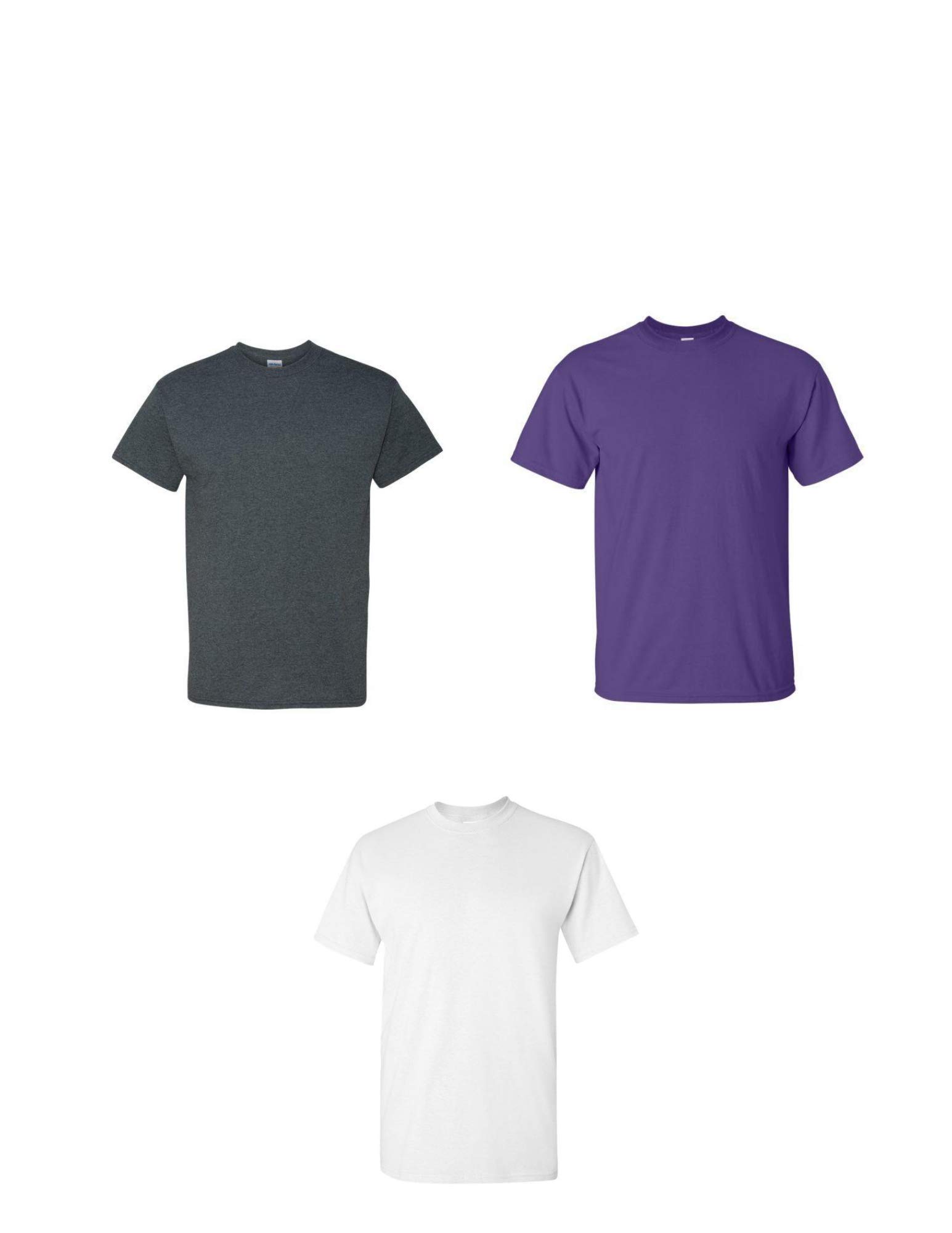 Gildan Men's Ultra Cotton T-Shirt 3-Pack - Dark Heather, Purple, White - Large US Size - Soft Comfortable Casual Tees for Everyday Wear, Gym, and Layering
