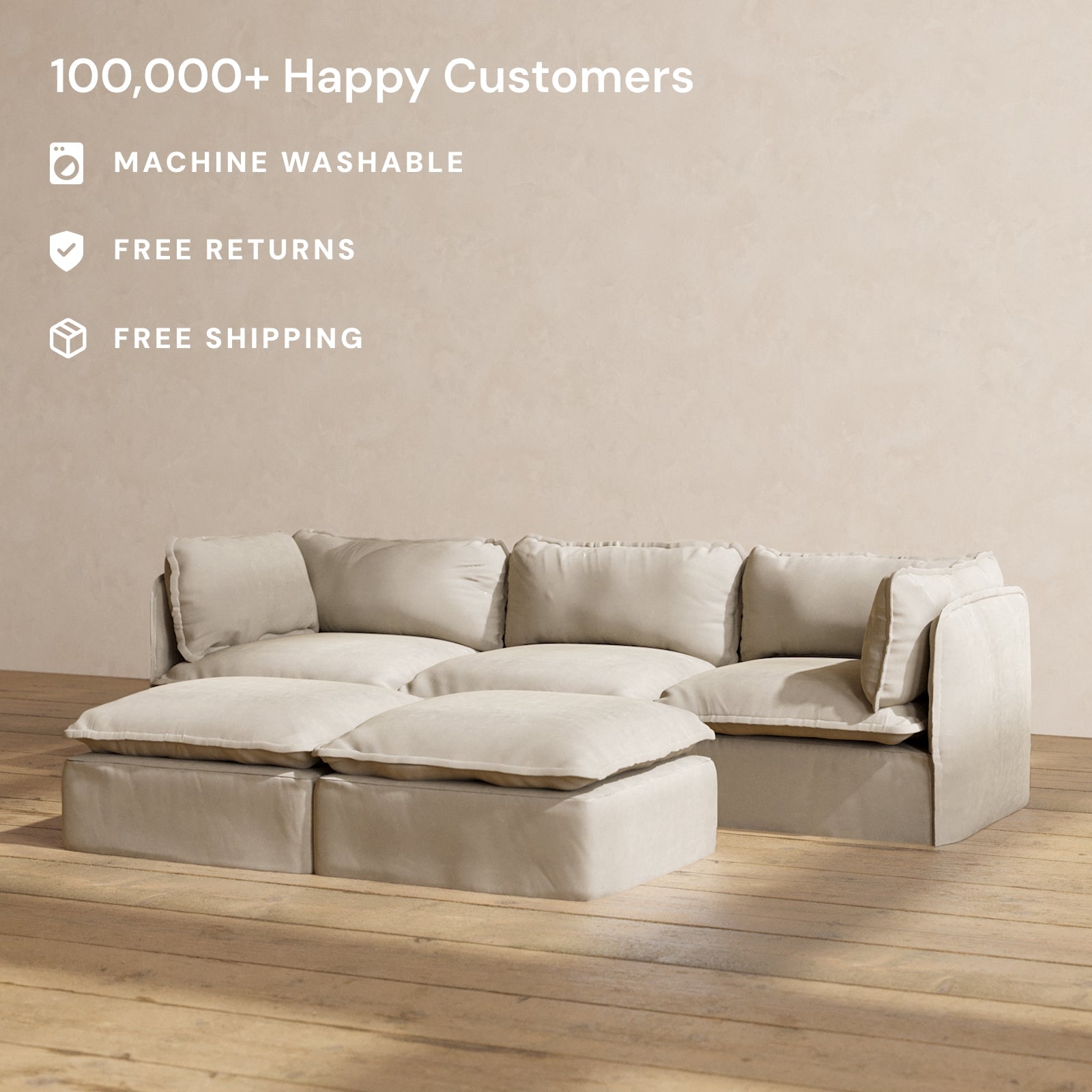 Modular Performance 3-Seater Sofa with Bench Ottoman in Dune Color | Modern L-Shaped Sectional Couch for Living Room | Perfect for Small Spaces, Family Gatherings and Movie Nights