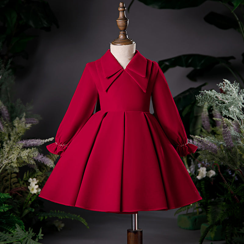 Burgundy A-Line Tea-Length Flower Girl Dress with Lantern Sleeves - Perfect for Weddings, Bridal Parties & Special Occasions