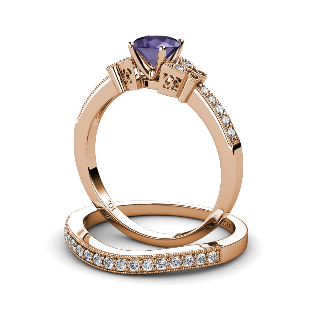 1.30ctw Iolite & Diamond Butterfly Engagement Ring & Wedding Band Set in 14K Rose Gold - Perfect for Proposals, Anniversaries & Bridal Jewelry