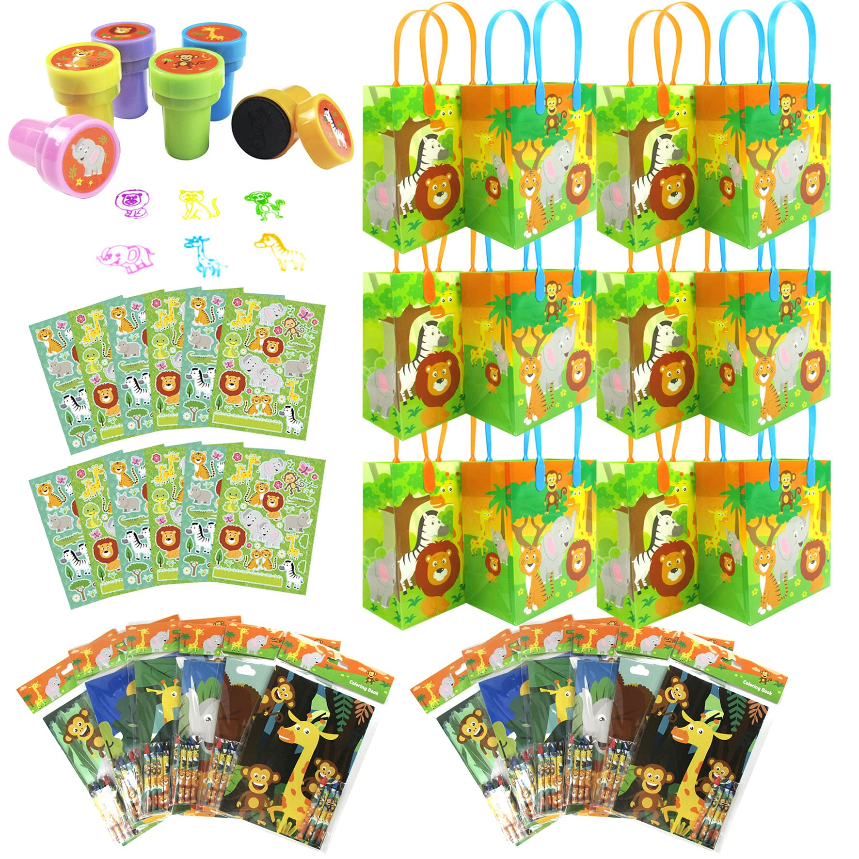 TINYMILLS Safari Animals Jungle Book Birthday Party Favor Set - 108 pcs (12 Large Treat Bags, 24 Kids Self-Ink Stamps, 12 Sticker Sheets, 12 Coloring Books, 48 Crayons) - Perfect for Jungle Themed Birthday Parties, School Events & Kids' Goodie Bags