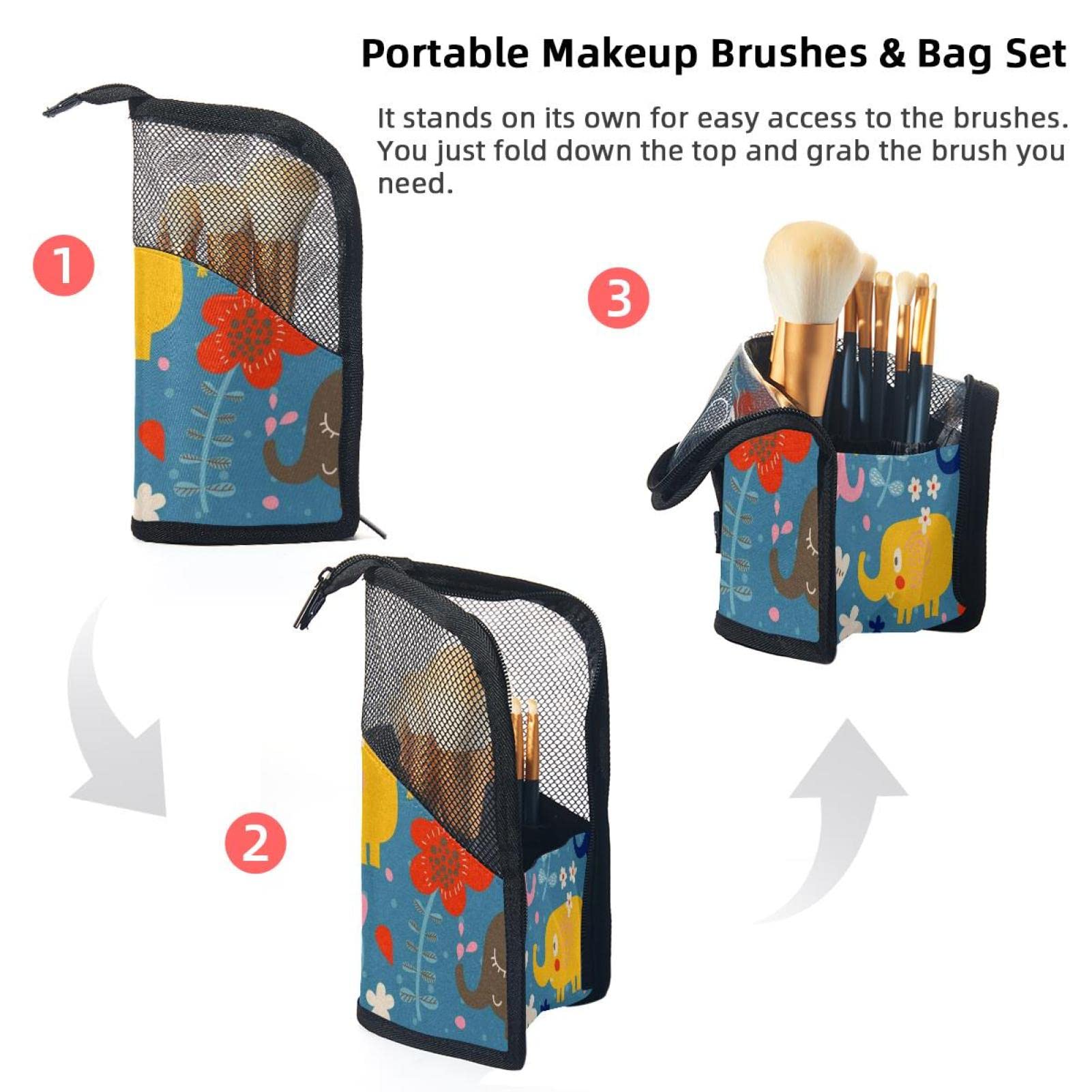 Portable Makeup Brush Organizer Bag with 12 Slots - Cute Elephant Cartoon Design - Travel Cosmetic Brush Holder Case for Makeup Artists & Beauty Enthusiasts - Perfect for Home, Travel & Professional Use