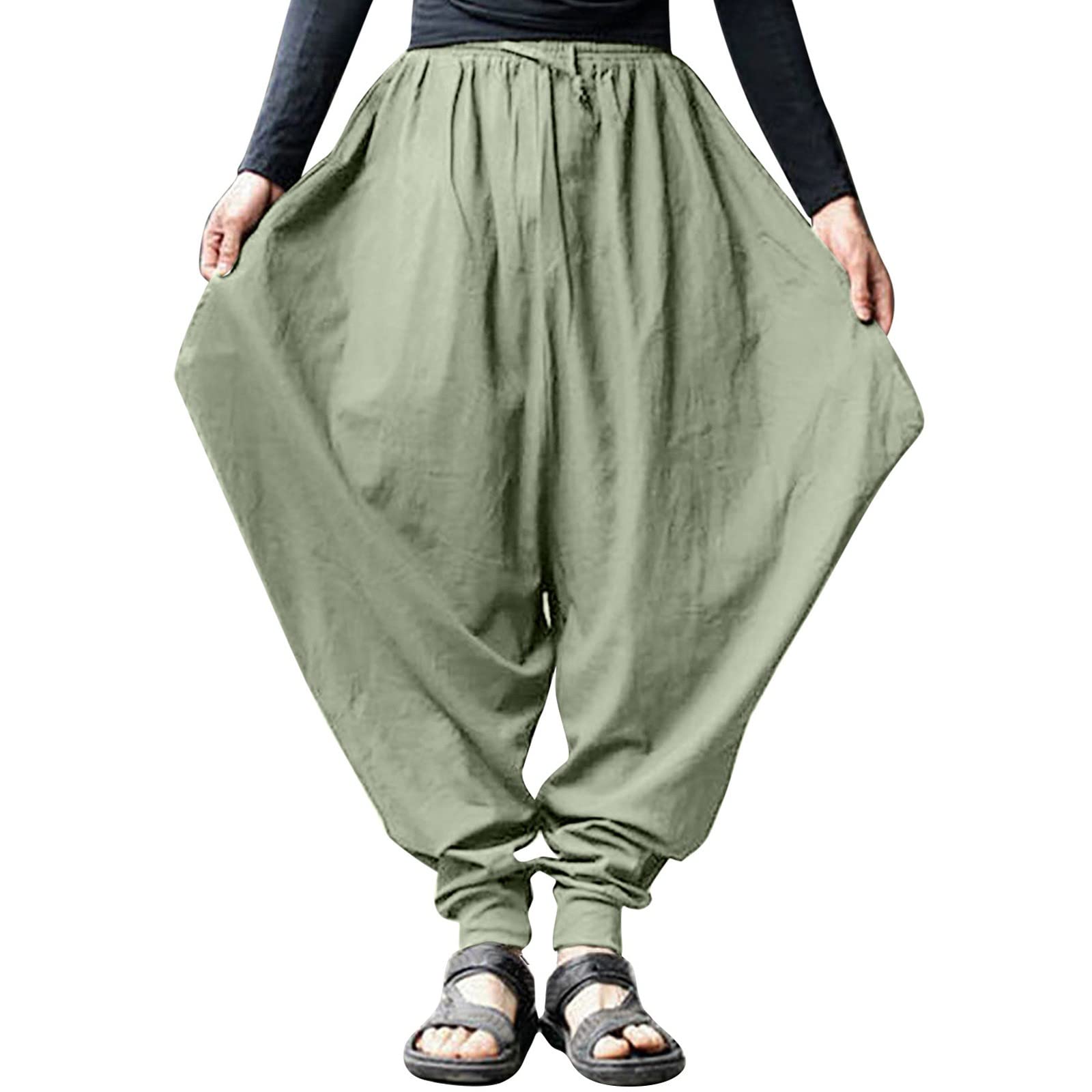 Men's Linen Cotton Harem Pants - Loose Fit Retro Solid Color Summer Trousers for Casual Wear & Lounge | Size Large | Breathable Comfort for Yoga, Travel & Everyday Use