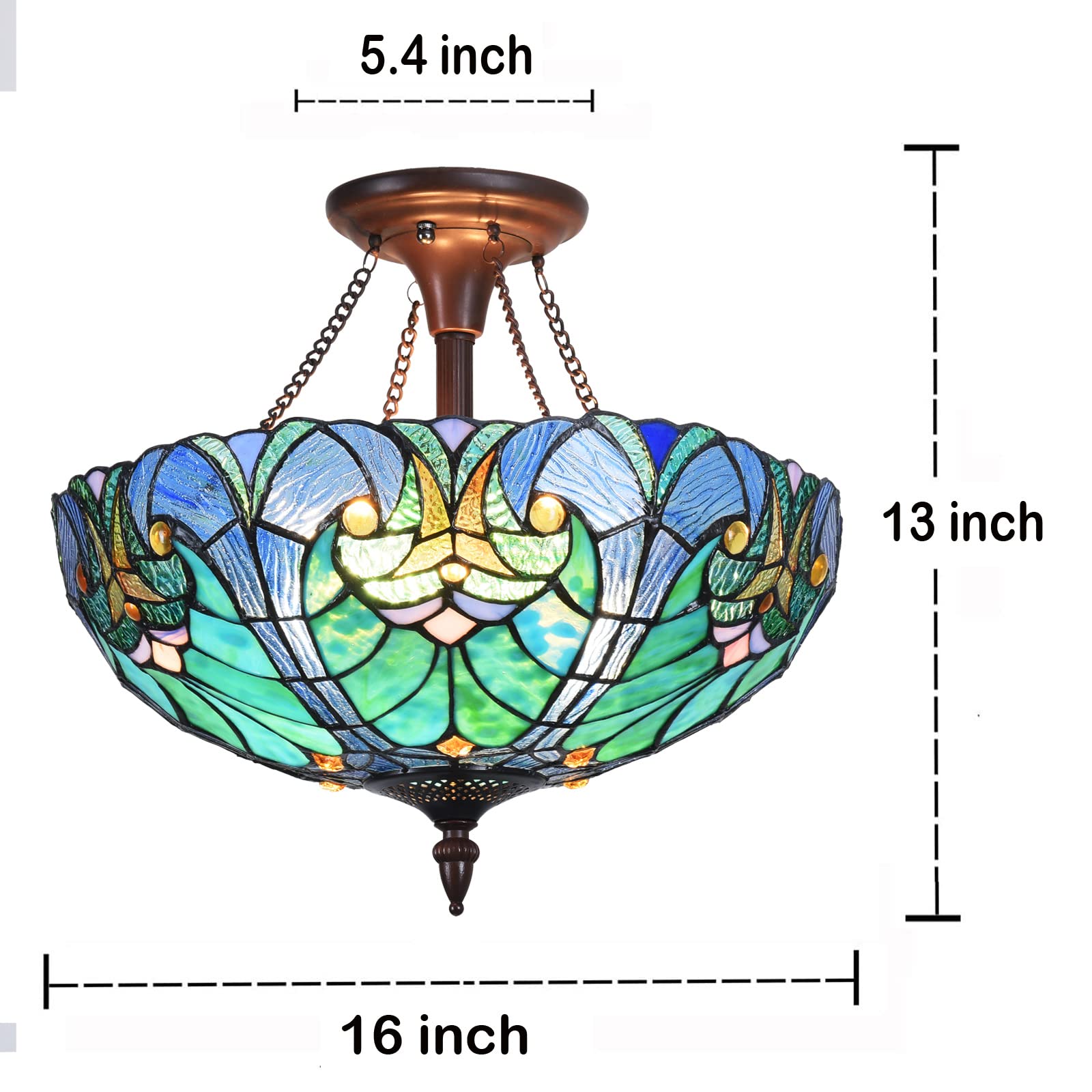Tiffany Style Ceiling Light Fixture - 16 Inch Stained Glass Victorian Semi-Flush Mount Lamp with 2 Lights - Perfect for Hallway, Bedroom, Kitchen & Dining Room Lighting