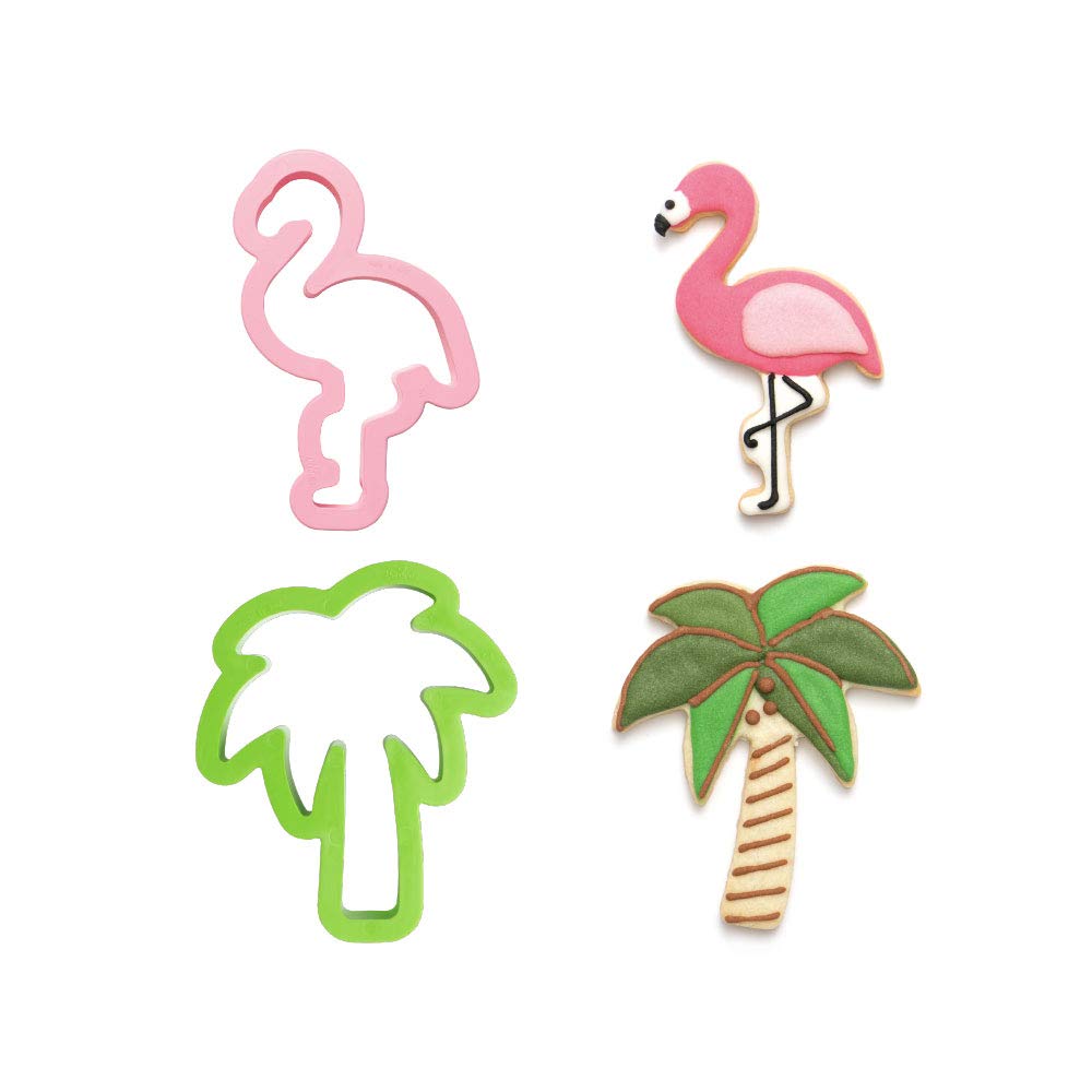 CAKE DECOR™ 2-Piece Flamingo & Palm Tree Plastic Cookie Cutters Set - Perfect for Tropical Themed Birthday Cakes, Cupcakes, and DIY Baking Decorations
