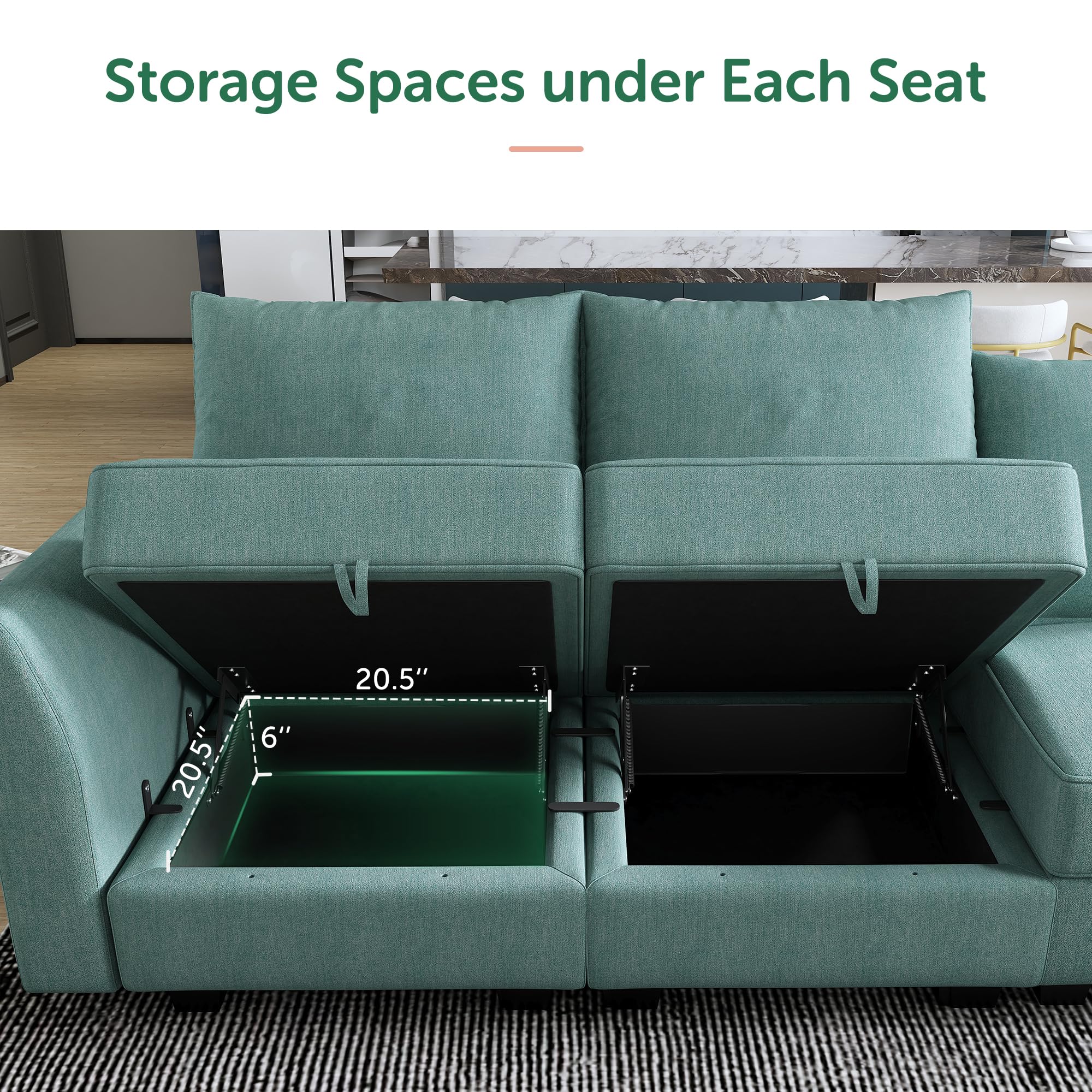 HONBAY Modular Sectional Sofa Sleeper with Chaise & Ottoman - U-Shaped Reversible L-Shaped Couch Set, Oversized Convertible Sofa Bed with Storage Seat, Aqua Blue - Perfect for Living Room, Family Room & Small Spaces