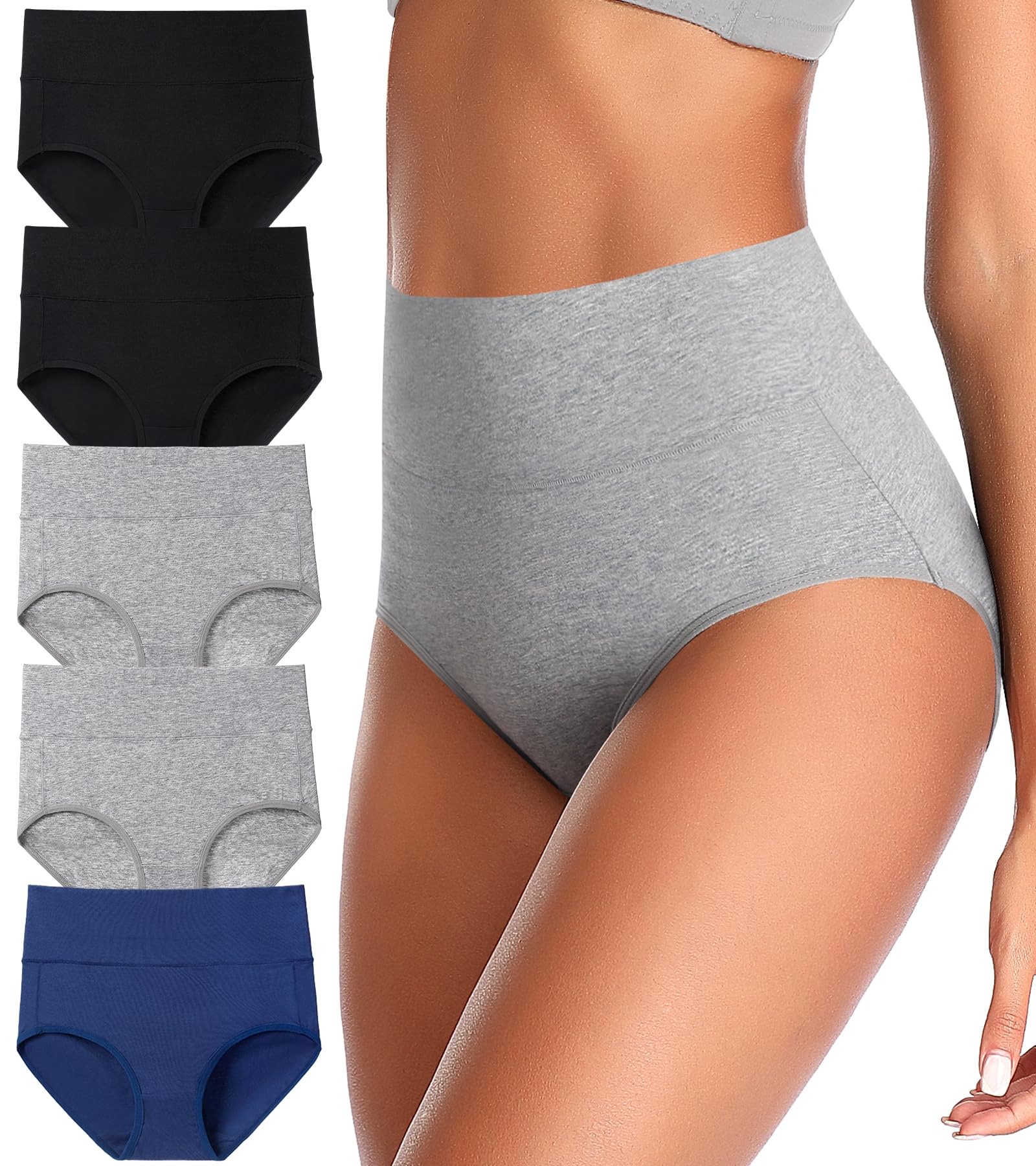 ASIMOON Women's Cotton Underwear - High Waisted Tummy Control Panties, Soft Breathable Full Coverage Briefs Multipack (3/5 Pack) for Everyday Comfort, Workout & Postpartum Recovery