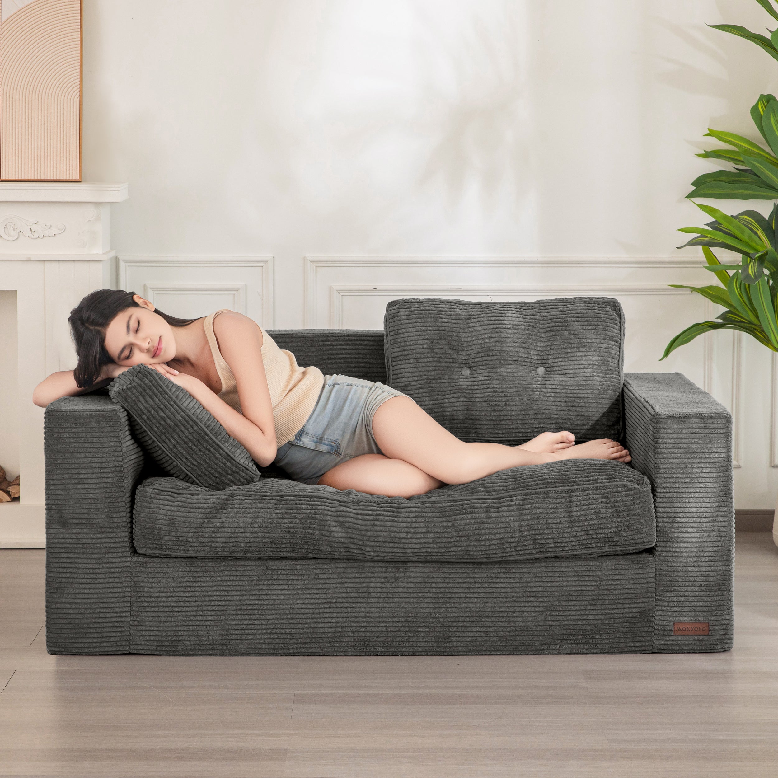 MAXYOYO Premium Bean Bag Chair for Adults - Large Upholstered Floor Sofa with Armrests, Tufted Cushion & Backrest - Sofa in A Box - Comfortable Boneless Couch for Bedroom, Living Room & Dorm - Dark Grey - Perfect for Relaxing, Gaming & Movie Nights