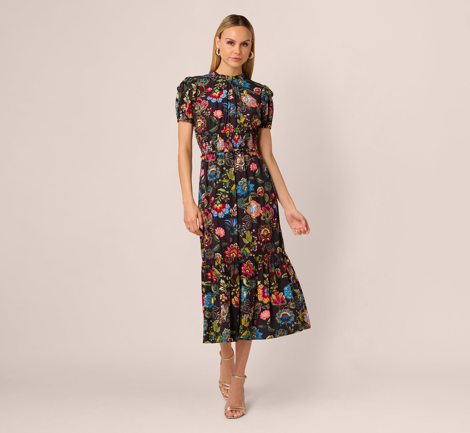Black Multi Floral Puff Sleeve Midi Flounce Dress - Perfect for Summer Weddings, Garden Parties & Date Nights