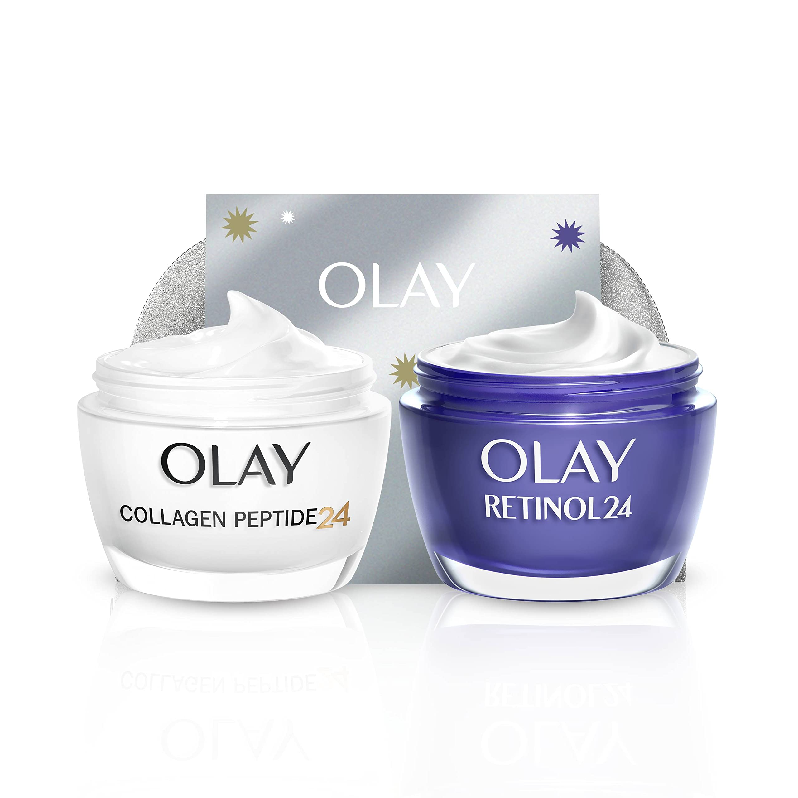 Olay Moisturizer Gift Set for Women - Retinol 24 Night Cream & Collagen Peptide 24 Face Cream (50ml Each) - Anti-Aging Skincare Kit with Free Makeup Bag & Gua Sha Tool - Perfect for Smooth, Glowing Skin - Ideal Gift for Holidays, Birthdays & Self-Care Routines
