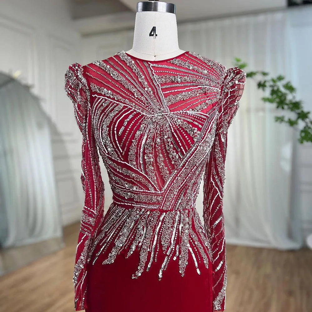 Elegant Velour Muslim Mermaid Evening Gown for Women - Wine Red Beaded Party Dress 2025 | Perfect for Weddings, Prom, and Formal Events