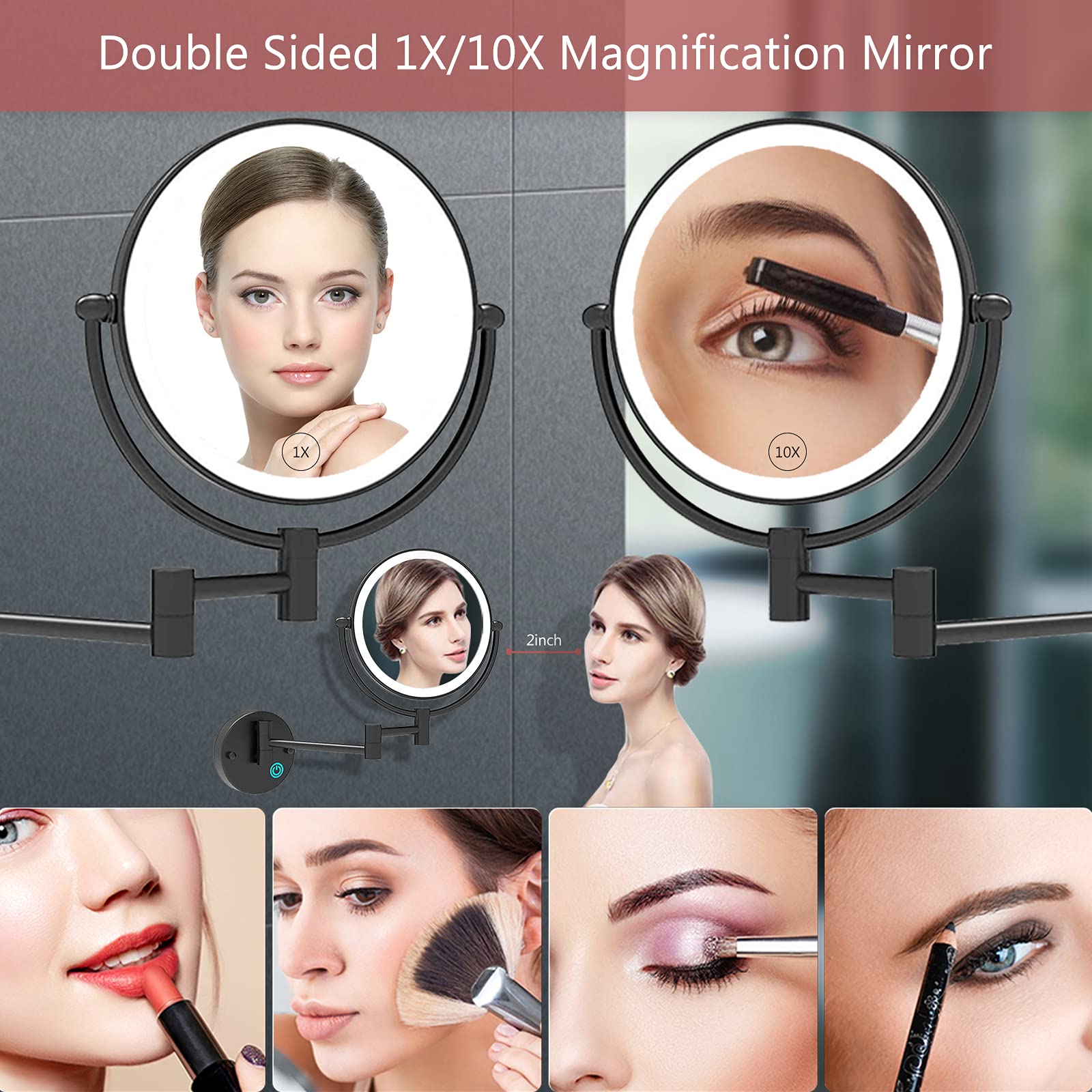 10X Magnification Wall Mounted Makeup Mirror - 8 Inch Double Sided Vanity Mirror with LED Lights, USB Rechargeable, Matte Black - Perfect for Makeup Application, Skincare Routine & Grooming - Ideal Gift for Women & Girls