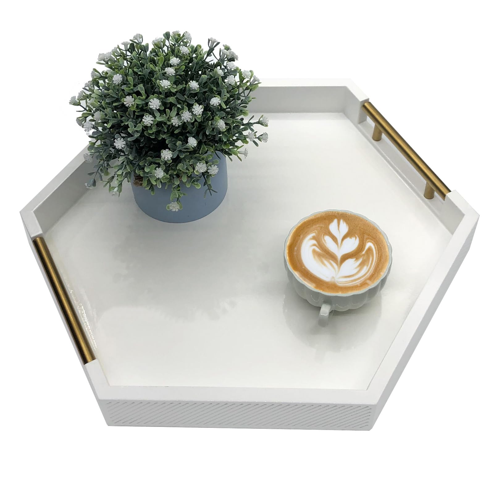 Hexagon Serving Tray with Polished Metal Handles - Modern Rectangle Coffee Table Tray for Living Room - Large Ottoman Storage Tray for Home Decor, Display & Organization (White) - Perfect for Coffee Tables, Sofa Trays & Bedside Organization