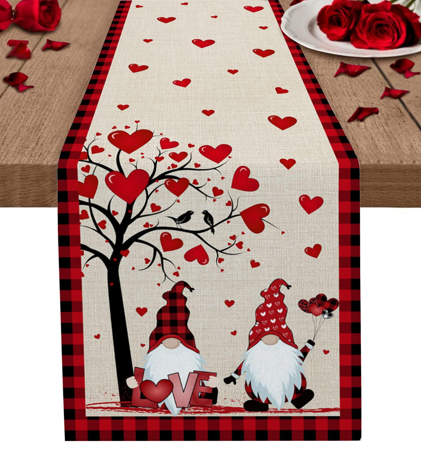 Valentine's Day Table Runner 120 Inches Long - Red and Black Buffalo Plaid with Love Tree & Gnome Design - Perfect for Kitchen, Coffee Table, Party & Home Decor (13x120 in) - Ideal for Valentine's Day Celebrations, Romantic Dinners & Holiday Gatherings