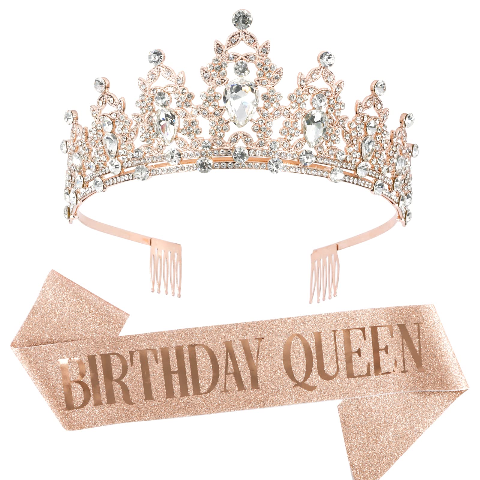 Rose Gold Birthday Crown & Sash Set for Women - Sparkling Rhinestone Tiara & Queen Sash - Elegant Birthday Party Decorations for Women's Birthday Celebrations, Bachelorette Parties & Special Occasions