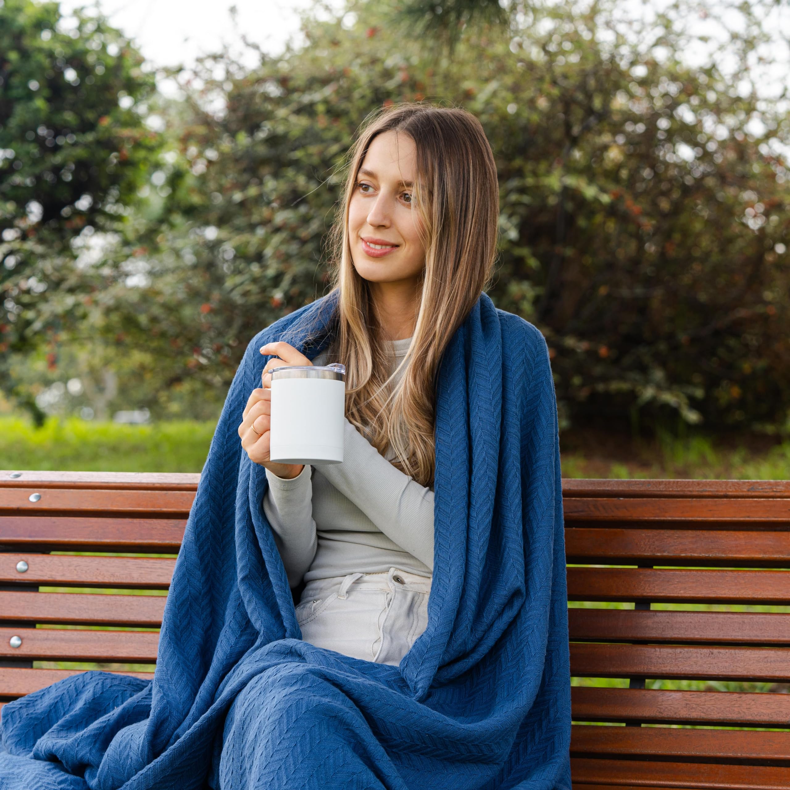 Premium 100% Cotton Queen Size Blanket - Ultra Soft & Breathable All-Season Bedding - 92x92 Inch Lightweight Luxury Blanket for Bedroom, Guest Room, Dorm or Outdoor Picnics (Blue)