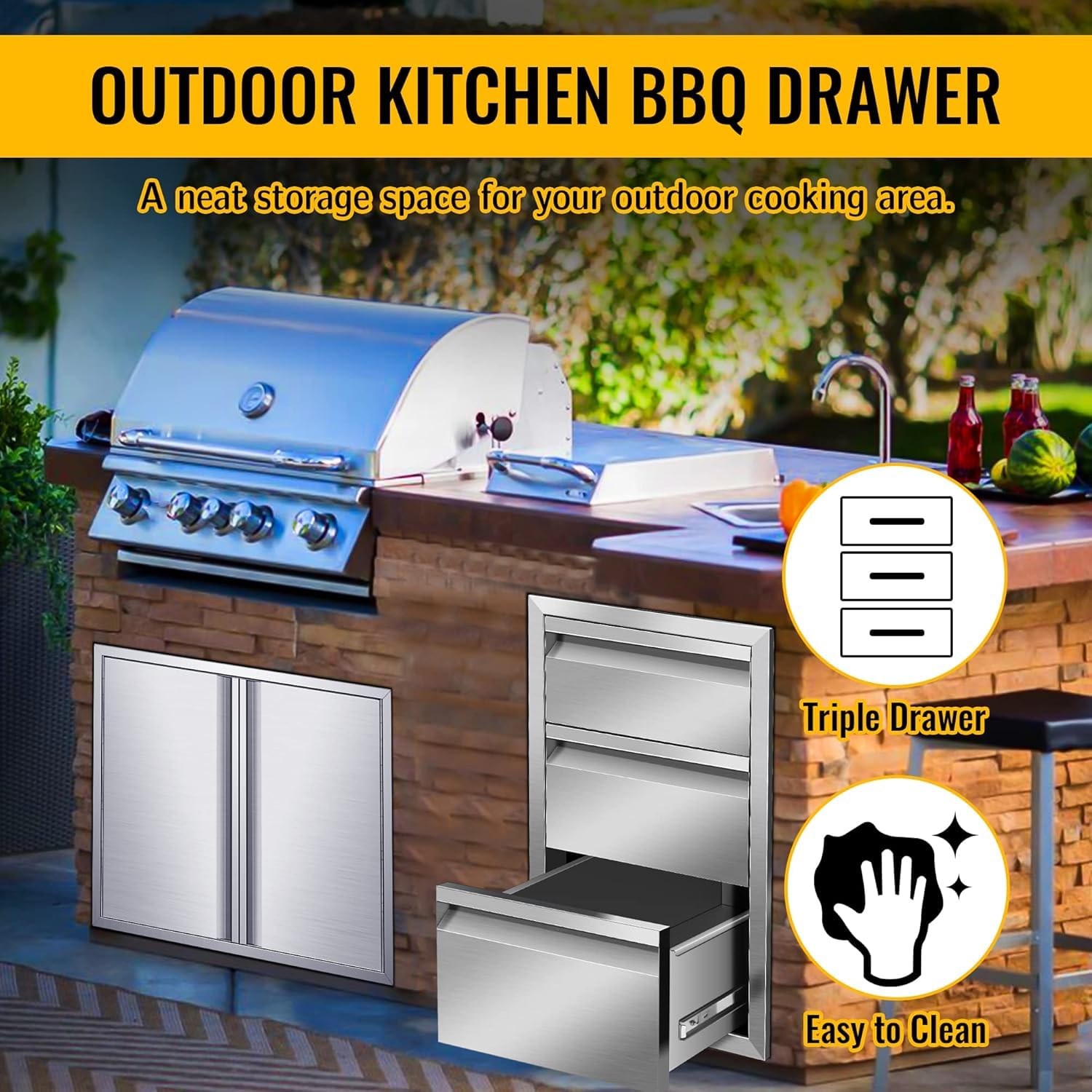 Stainless Steel Outdoor BBQ Drawer for Kitchen Island - 17W x 30H x 21D Inch Flush Mount Storage Cabinet with Handles - Perfect for Grilling Accessories Organization in Backyard Patio & Outdoor Cooking Areas