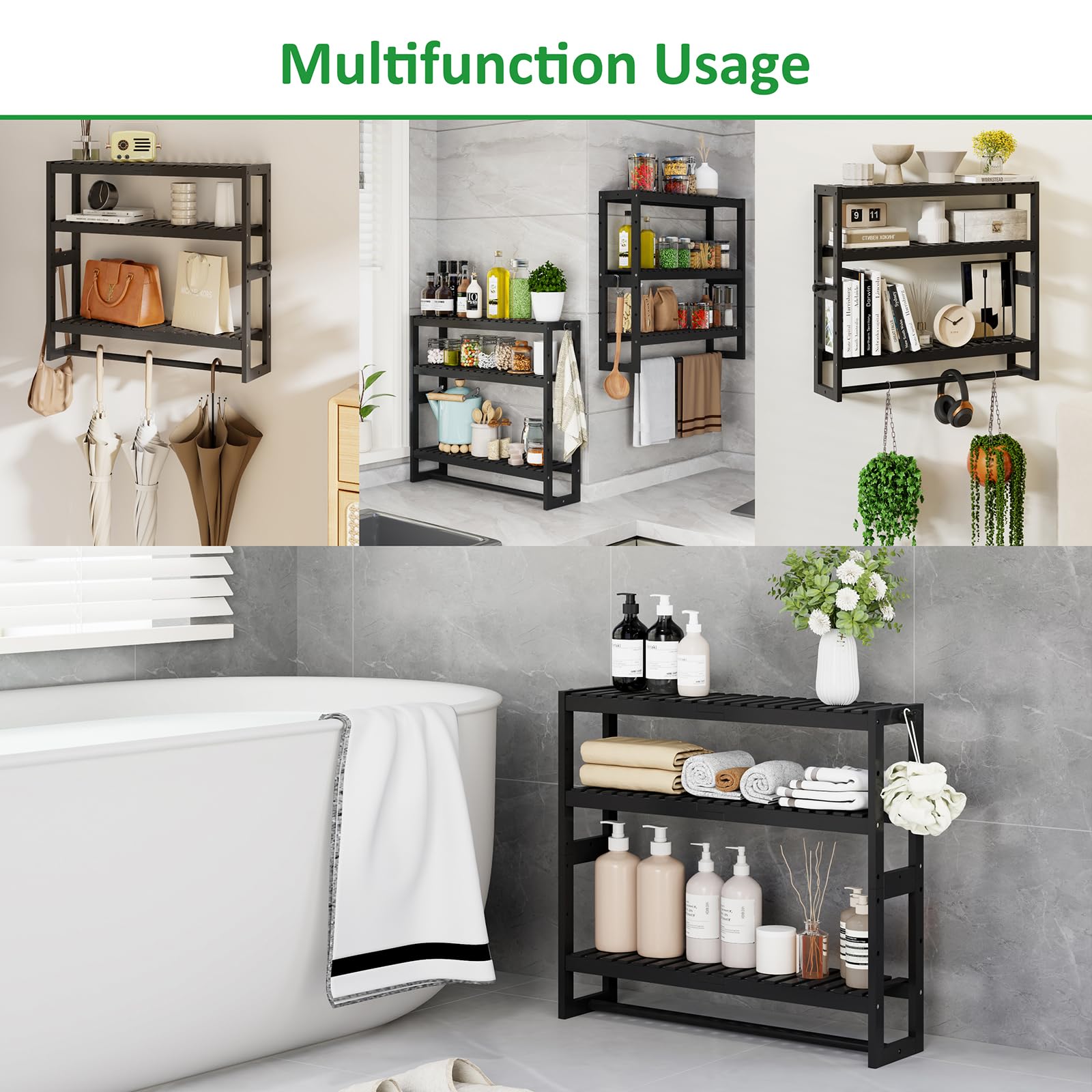 RRX 3-Tier Adjustable Bamboo Bathroom Shelf Organizer - Over Toilet Storage Shelf with Hanging Bar, Freestanding Design for Bathroom Organization (Black) - Perfect for Small Bathrooms, Apartments & Space-Saving Storage Solutions