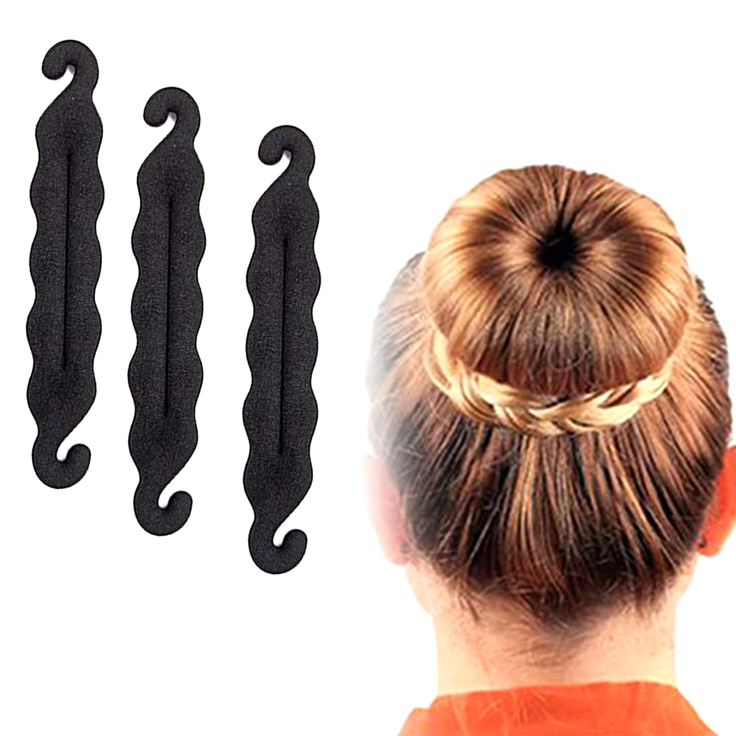3 PCS Women's Hair Styling Tools Set - Bun Maker, Twist Bun Hook, Foam Donut for Ponytail & French Braid - Perfect for Updos, Weddings & Daily Styling (Black)