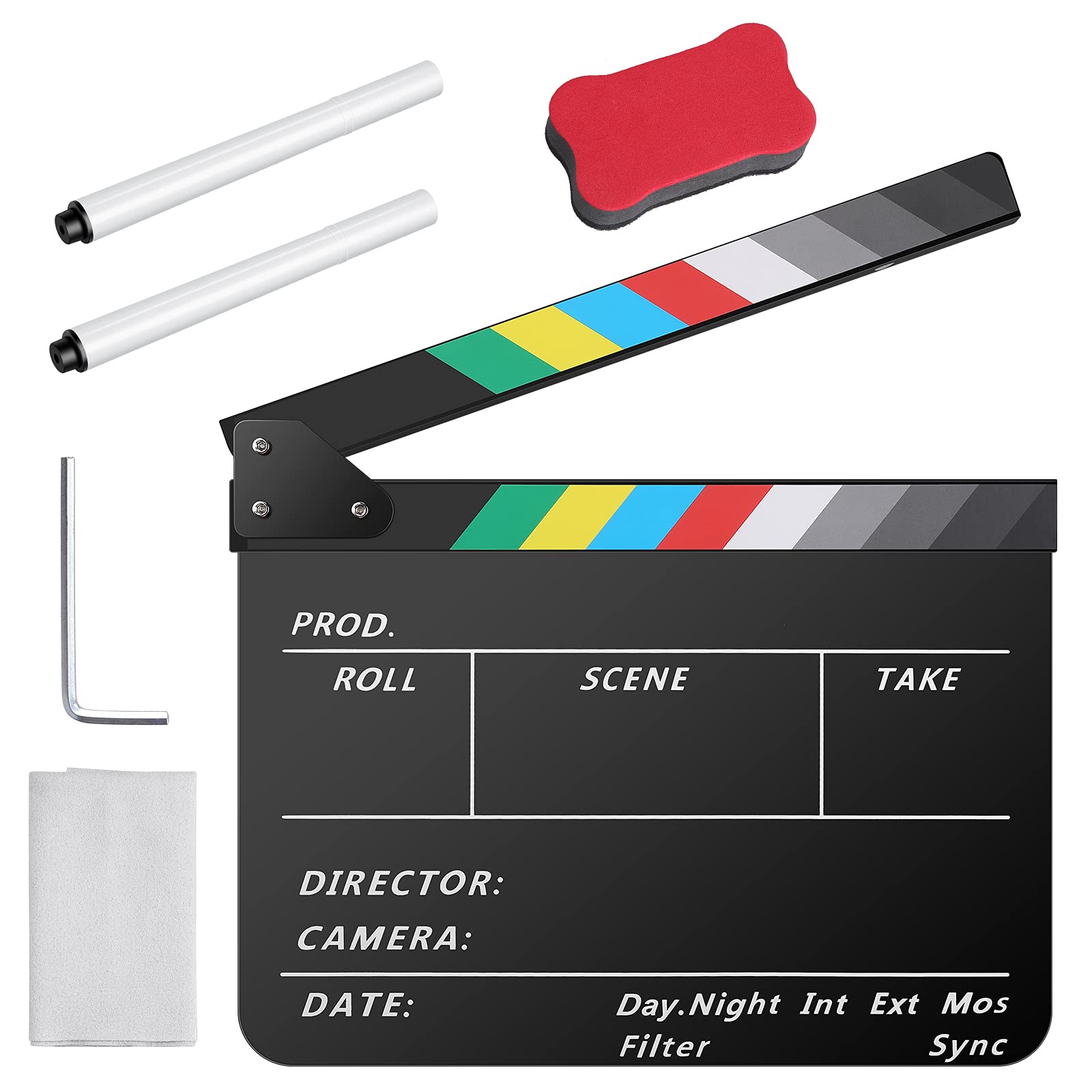 Professional 12 x 10 Inch Acrylic Film Clapper Board with Magnetic Blackboard Eraser - Movie Slate Clapperboard for Filmmaking, Theater Decor, Video Production & YouTube Content Creation - Includes 2 Custom Pens, Cleaning Cloth & Hexagonal Wrench