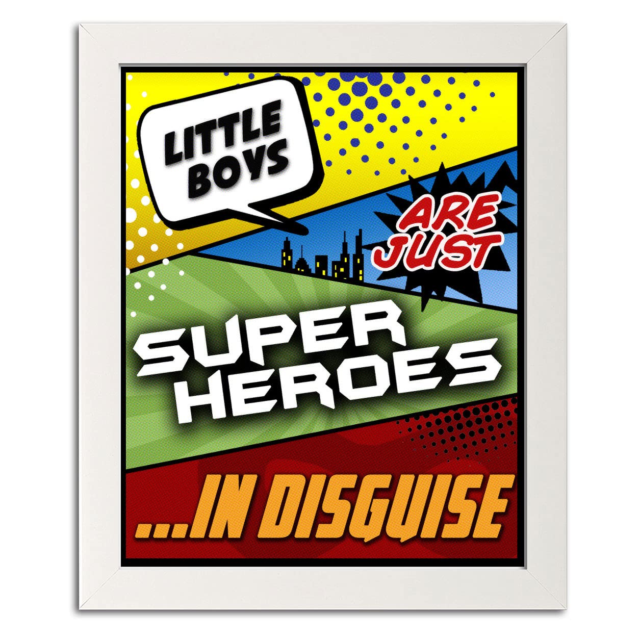 Little Boys Are Just Superheroes in Disguise - 11x14 Inch White Framed Wall Art for Kids Room, Nursery Decor & Superhero Themed Bedroom - Perfect for Boys' Bedroom, Playroom or Gift