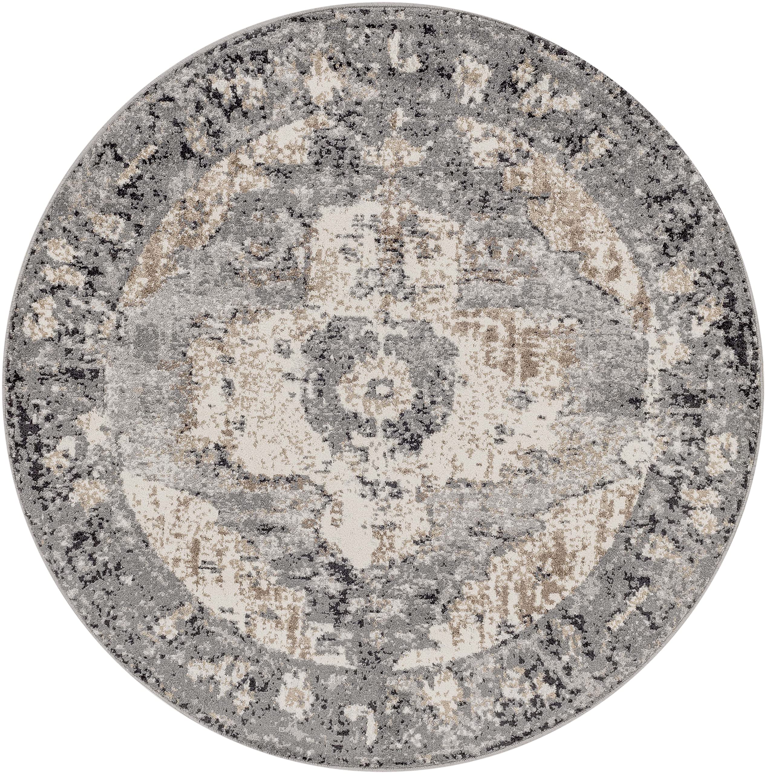 Mark&Day 7ft Round Bowen Traditional Charcoal Area Rug - Gray White Beige Non-Slip Carpet for Living Room, Bedroom, Kitchen | Perfect for Cozy Home Decor & High Traffic Areas (6'7